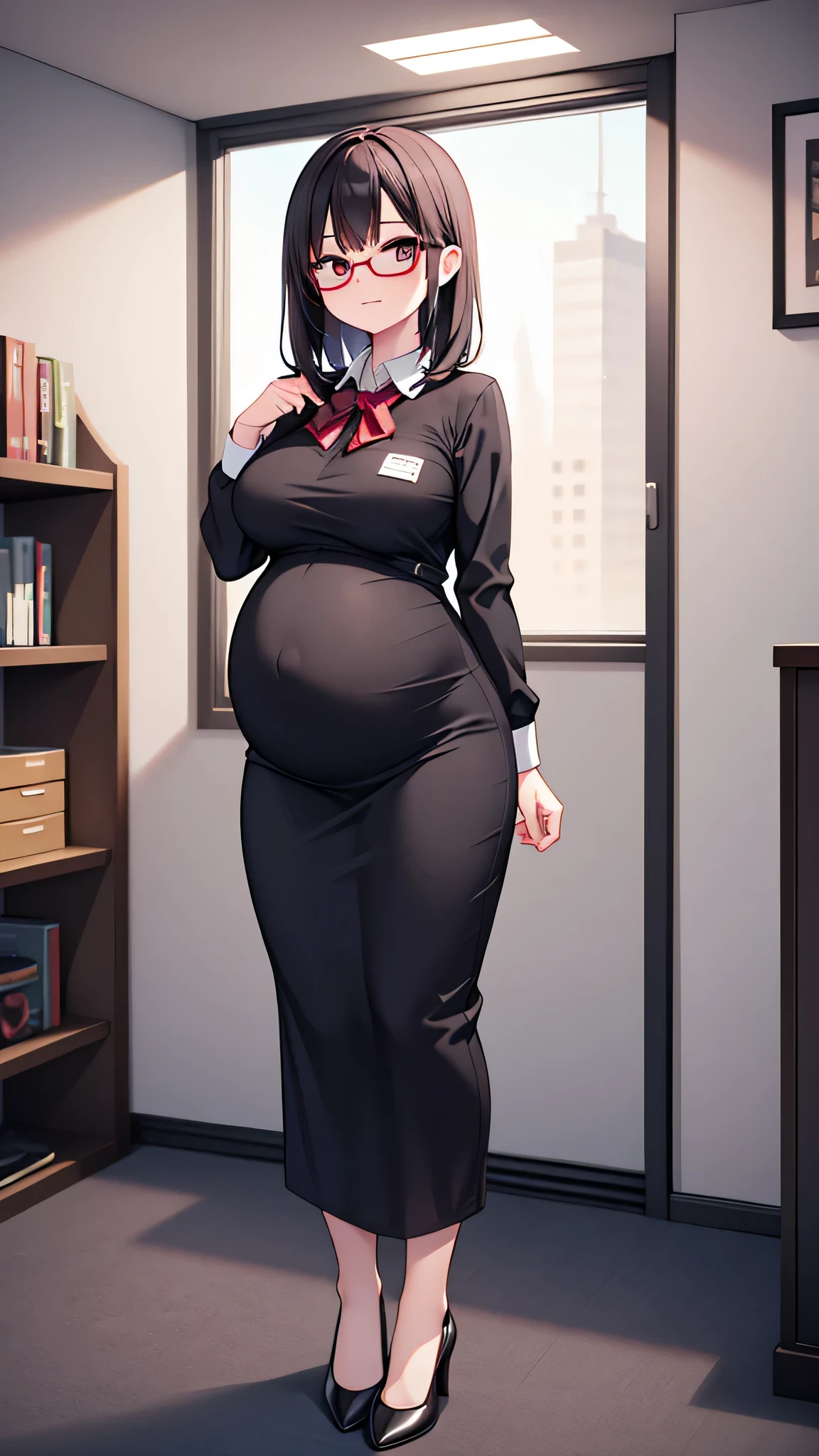 Pregnant vampire lady in an office uniform, wearing glasses. Full body