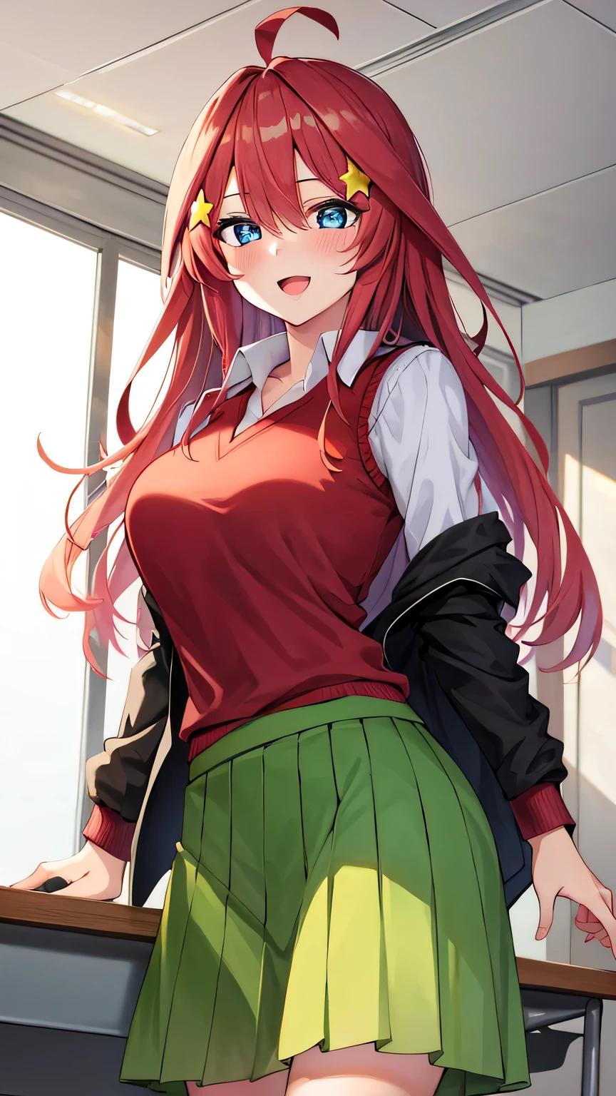 {{{masterpiece}}}, (best quality:1.5), (ultra-detailed:1.5), {illustration}, {{an extremely delicate and beautiful}}, (beautiful detailed eyes:1.6), absurdres, highres, extremely detailed face, 16k, hd, visual anime de uma jovem mulher, extremamente bonito rosto de anime, anime melhor garota, (perfect hands, perfect anatomy), anime face, itsuki nakano(Gotoubun no Hanayome), aaitsuki, 1girl, solo, cute face, long hair, red hair, bangs, hair between eyes, ahoge, star \(symbol\), hair ornament, star hair ornament, sidelocks, black pupils, blue eyes, flushed cheeks, large breasts, thin waist, big hips, curvaceous, BREAK, {school uniform}, (black jacket:1.3), long sleeves, black sleeves, (open jacket:1.2), sleeveless sweater(tuck out), (red sweater vest:1.5), collarbone, white shirt, collared shirt, pleated skirt, mini skirt, (green skirt:1.5), kneehighs, white socks, BREAK,1girl, cowboy shot, open mouth, kyoushitsu, classroom, indoors, school chair, school desk, chalkboard, window, ceiling light, curtains, smiling, peer in from below, looking at viewer, daytime, flushed cheeks
