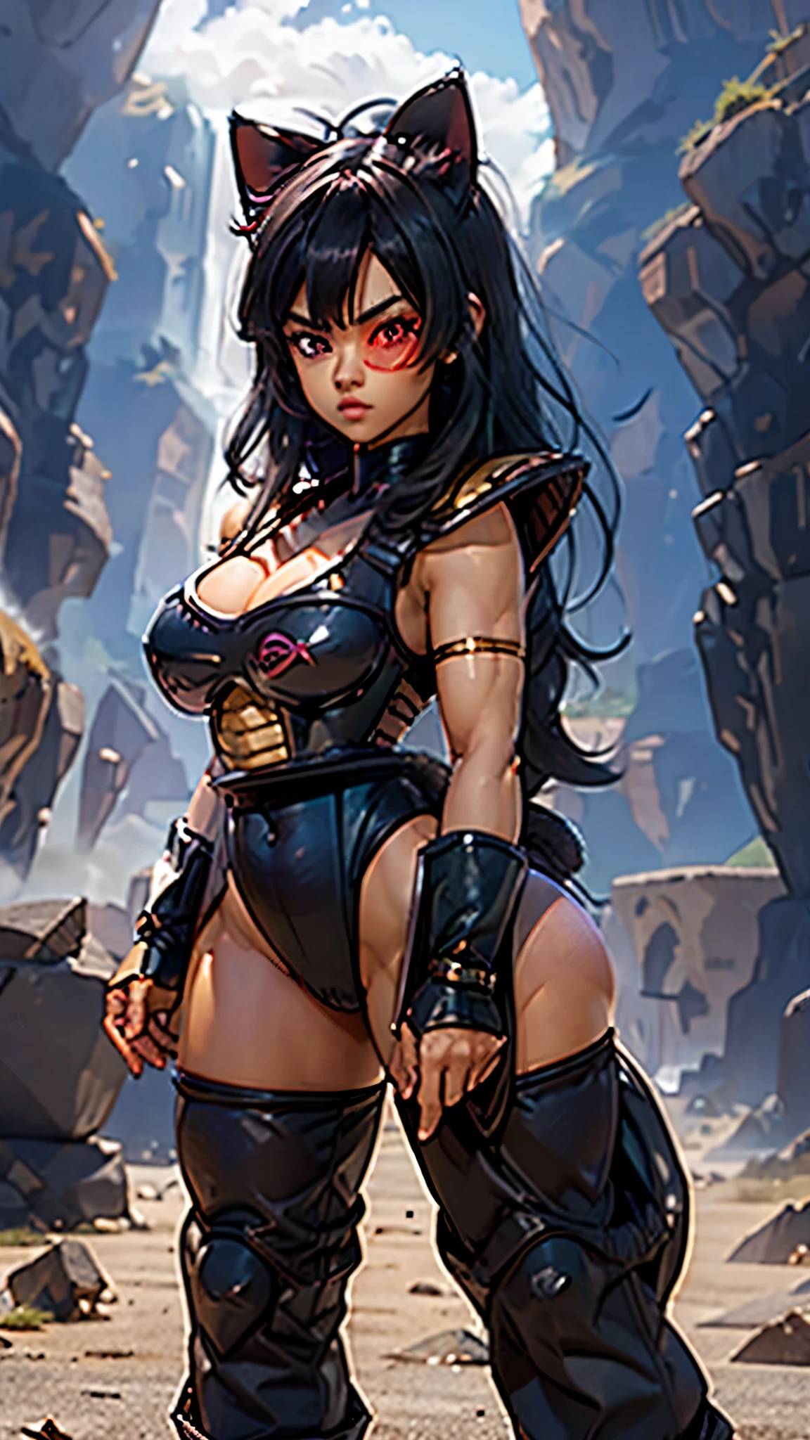 1 girl, A black hair girl , fringe, cat ears, red eyes,  with muscular body and arms,  marked abs , crossed arms posture , thick eyebrows,  thick eyeliner , raising the right eyebrow, eyelashes , lip filler, eyelashes,  thick eyeliner , thick eyebrows, lip filler, eyelashes, Akira Toriyama,  serious expression ,Saiyan explorers, Saiyan_explorers, explorers, Saiyan armor,  tinted sunglasses , realistic, 8k UHD, photorealistic,  takes full body,  frieza spaceship 