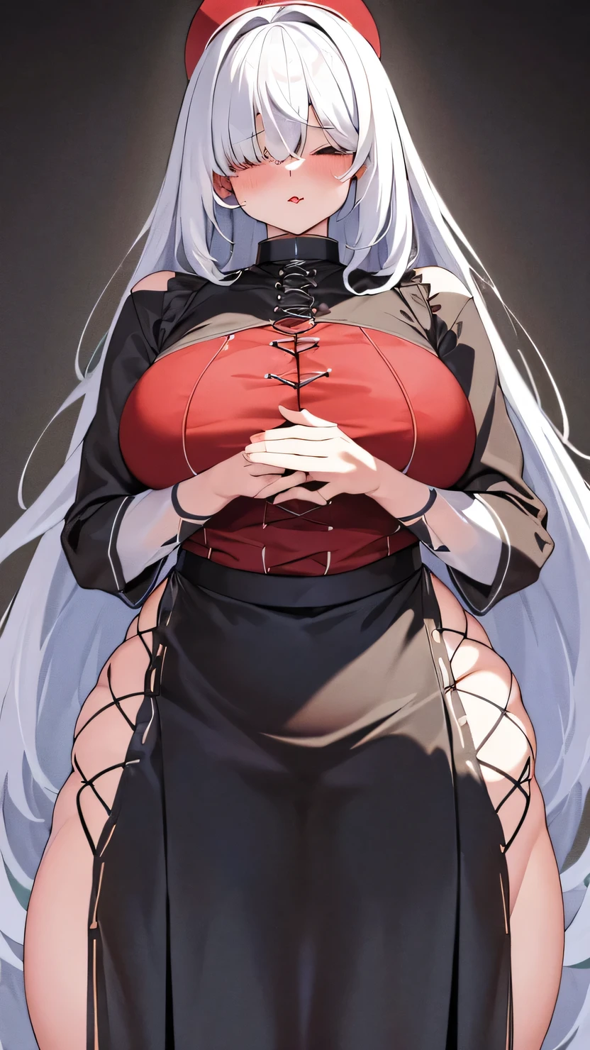 White hair , long untied hair, pinched eyes, (big-tits:1.9) , thick thighs, naked