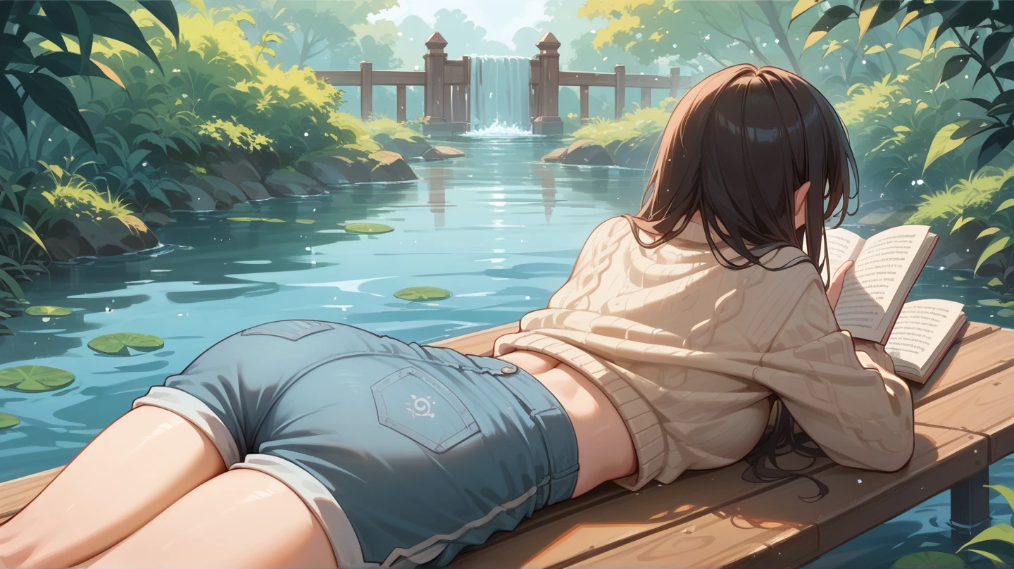 High-quality illustrations, wallpaper of smartphones, summer, lake, dawn, forest, clouds, masterpiece, cinematic, soft light, depth of field, ray tracing, reflection in water, dramatic composition, Bathing in the water, 1girl, calendar,