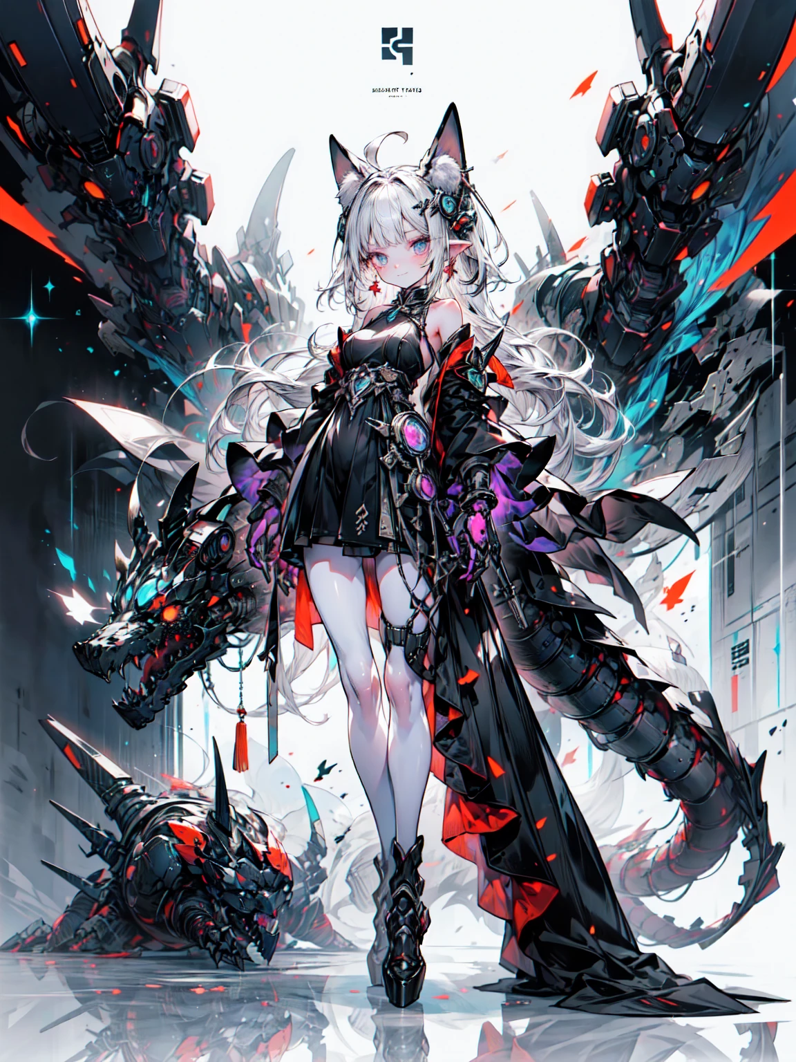 (8K、Best image quality、Highest quality、masterpiece) 、Gothic Punk、One Girl、Twin-tailed gray hair、blue eyes、Earrings、((Cat ear coverings))、Medium Bust、Black Shirt、Sleeveless、White Thailand、Black jacket、Black mini pleated skirt、Shooting from below、Cowboy Shot、Neon street background at night、Organic Armor Cyborg、Machinery Armor、Armor Textures、Perfect Anatomy,Five perfect fingers,Vibrant colors,wonderful,Ultra-fine illustrations、Blake、（Dark Elf), Perfect Face, Get used to it, Ahoge, ((Long Hair:1.2)), (Hair above one eye:1.3), [[Messy Hair]], Shiny blonde white hair, Purple eyes, Variegated eyes, Colorful Hair, Shining Eyes, (eyelash, eye shadow, pink eye shadow), bright, smile, Design Art：haruhiko mikimoto, by Kawashi, By Yoshitaka Amano, Dark Skin