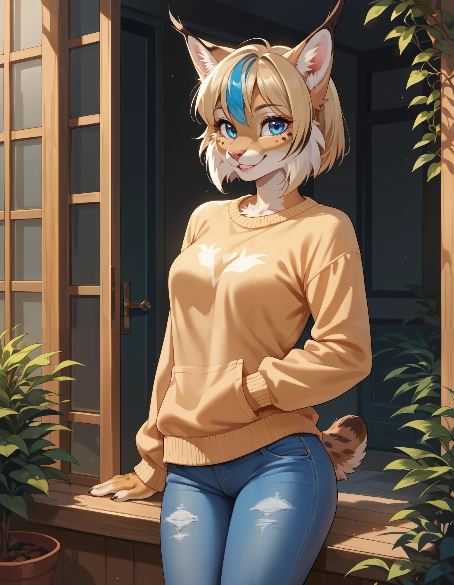 score_9,score_8_up,score_7_up,source_anime, 1girl, solo, digital_media_(artwork) hi_res,, beautiful, anthro, furry, female, furry female, detailed textured fur, fur tufts, lynx, slim, slender, small breasts, cute, sweater, denim jeans, multicolor hair, streaked hair, red blue blonde silver hair, blonde fur, beautiful blue eyes, smile, solo, 