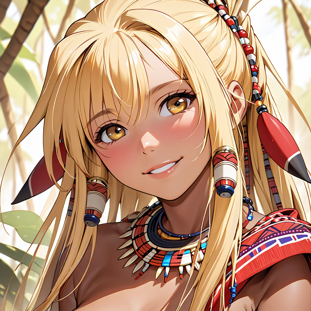 ((highest quality)), ((masterpiece)), (detailed), Perfect Face、（The woman is Yuuki Asuna, a dark-skinned tribal woman with light brown hair, nude with dark brown painted skin and indigenous patterns painted on her.）, Women are naked and wear bone jewelry, tribal earrings, tribal necklaces and tribal accessories.、