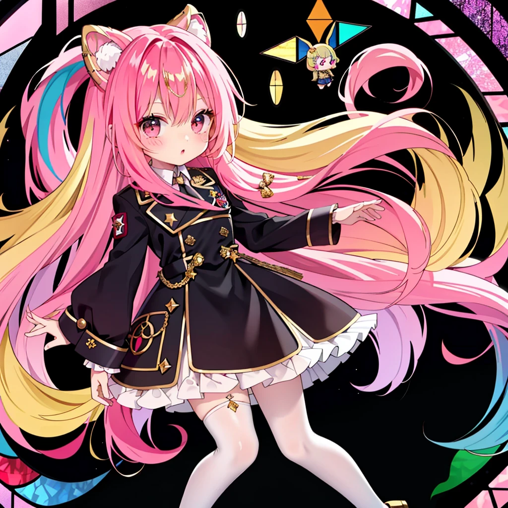 (Chibi:1.), girl,( Smooth Long Hair :1.2),( colorful and glamorous atmosphere like stained glass :1.25),(Outfits inspired by military uniforms :1.25),Cute stuffed animal:1.3),