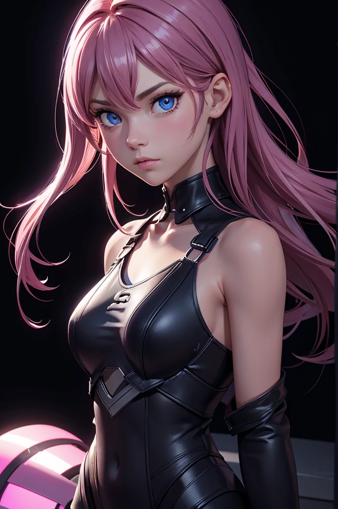 	•	Head:
	•	The face is heart-shaped with sharp, confident features. Her eyes are large, with an intense, slightly mischievous gaze, framed by long, thick eyelashes. The irises are a deep black, reflecting her bold personality.
	•	Her hair is jet black, styled into two large, pointed pigtails that mimic the original character’s jester-like ears. The hair is sleek and shiny, with a few pink highlights adding a playful touch.
	•	She wears a black jester hat with a pink skull emblem at the center, matching the original design. The hat fits snugly around her head, with the pigtails sticking out from underneath.
	•	Her lips are full and painted in a deep pink, curved into a confident, slightly sly smile.
	•	Upper Body:
	•	She is wearing a fitted black top with a high collar, reminiscent of a jester’s collar, adorned with small pink pom-poms at the tips. The collar adds a dramatic flair to her appearance.
	•	Her figure is slim and athletic, with the top accentuating her curves while maintaining a sleek, edgy look.
	•	Her arms are slender but strong, with black fingerless gloves that reach her elbows, adding to her rebellious style.
	•	Lower Body:
	•	She is wearing a short black skirt with a slight flare, adding a feminine touch to her otherwise edgy outfit. The skirt is paired with a pair of black shorts underneath for a sporty yet stylish look.
	•	Her legs are long and toned, clad in thigh-high black stockings with pink accents at the top. The stockings add a mix of elegance and boldness to her outfit.
	•	Her shoes are black ankle boots with a slight heel, adorned with small pink skulls, matching the theme of her outfit.
	•	Overall Appearance:
	•	The character has a striking and bold appearance, exuding confidence and a bit of mischievous charm. Her style is a perfect blend of edgy and cute, with a touch of punk influence.

Simple Background, Anatomically correct, Large Breasts,One person, 