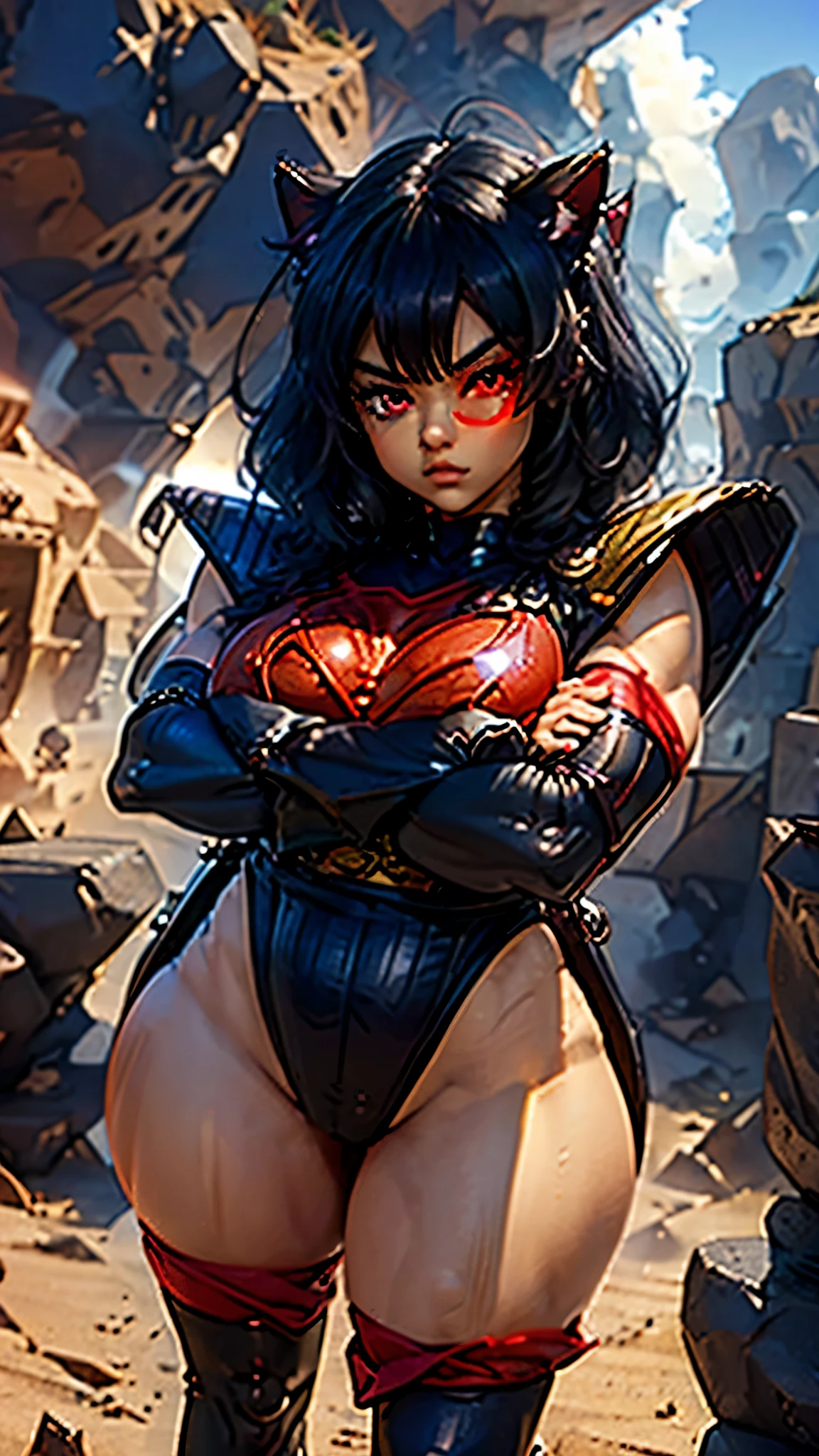 1 girl, A black hair girl , fringe, cat ears, red eyes,  with muscular body and arms,  marked abs , crossed arms posture , thick eyebrows,  thick eyeliner , raising the right eyebrow, eyelashes , lip filler, eyelashes,  thick eyeliner , thick eyebrows, lip filler, eyelashes, Akira Toriyama,  serious expression ,Saiyan explorers, Saiyan_explorers, explorers, Saiyan armor,  tinted sunglasses , realistic, 8k UHD, photorealistic,  takes full body,  frieza spaceship 