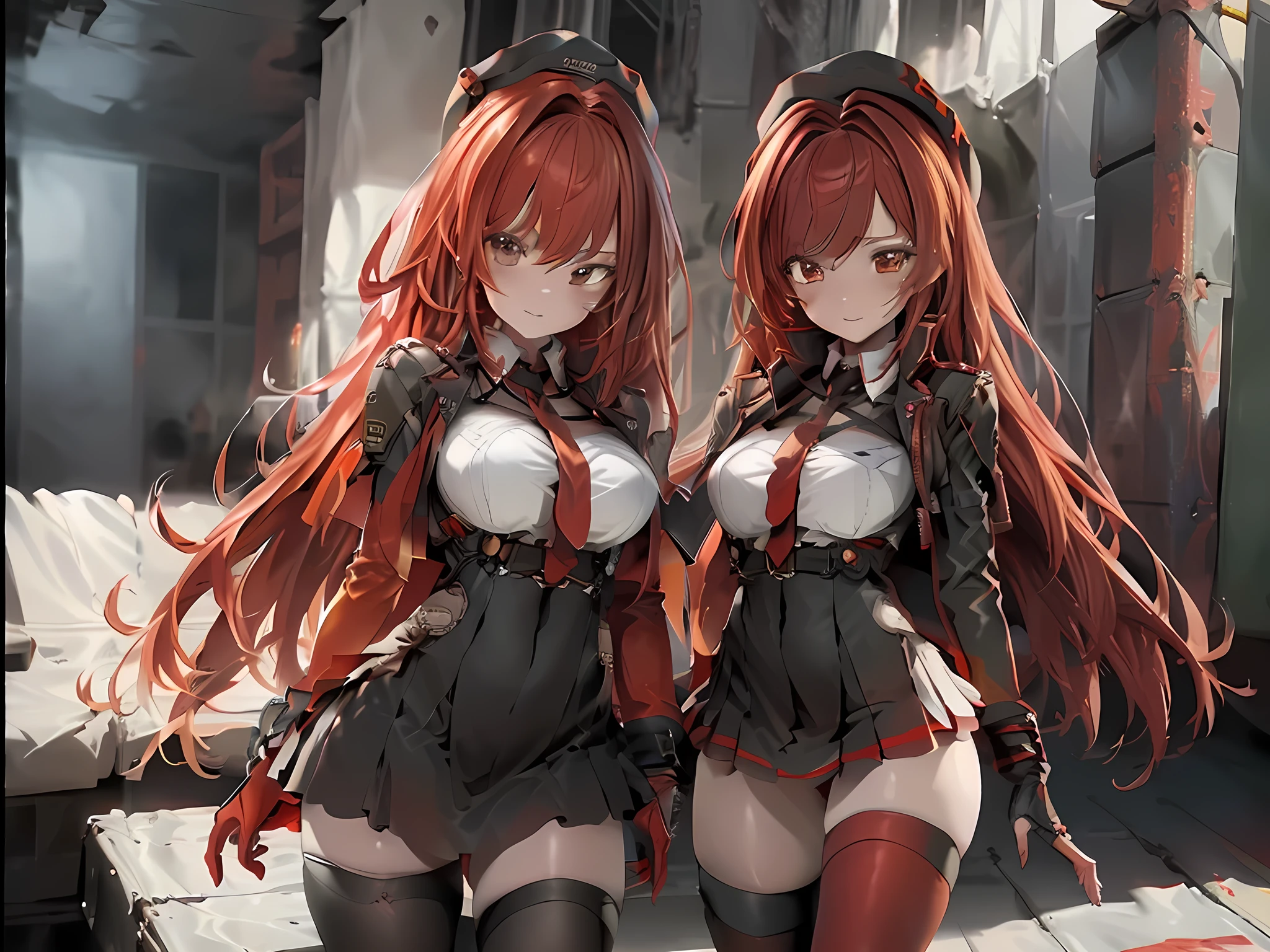 ((Best quality)), ((masterpiece)), (detailed:1.4), 3D, an image of a beautiful cyberpunk female, long burning red hair, burning hair, Red eyes, Black Barret Hat, Red Soldier Shirt, White undercloth, black panty, black skirt, black thick boot, long black kneesock, Grenade belt, Big chest, Big thigh, High thigh black knee sock, full view of girl, battlefield background, black combat boot, red necktie, black glove, black combat suit, black jacket, black cloak, black panty, ammo belt, HDR (High Dynamic Range),Ray Tracing,NVIDIA RTX,Super-Resolution,Unreal 5,Subsurface scattering,PBR Texturing,Post-processing,Anisotropic Filtering,Depth-of-field,Maximum clarity and sharpness,Multi-layered textures,Albedo and Specular maps,Surface shading,Accurate simulation of light-material interaction,Perfect proportions,Octane Render,Two-tone lighting,Wide aperture,Low ISO,White balance,Rule of thirds,8K RAW,