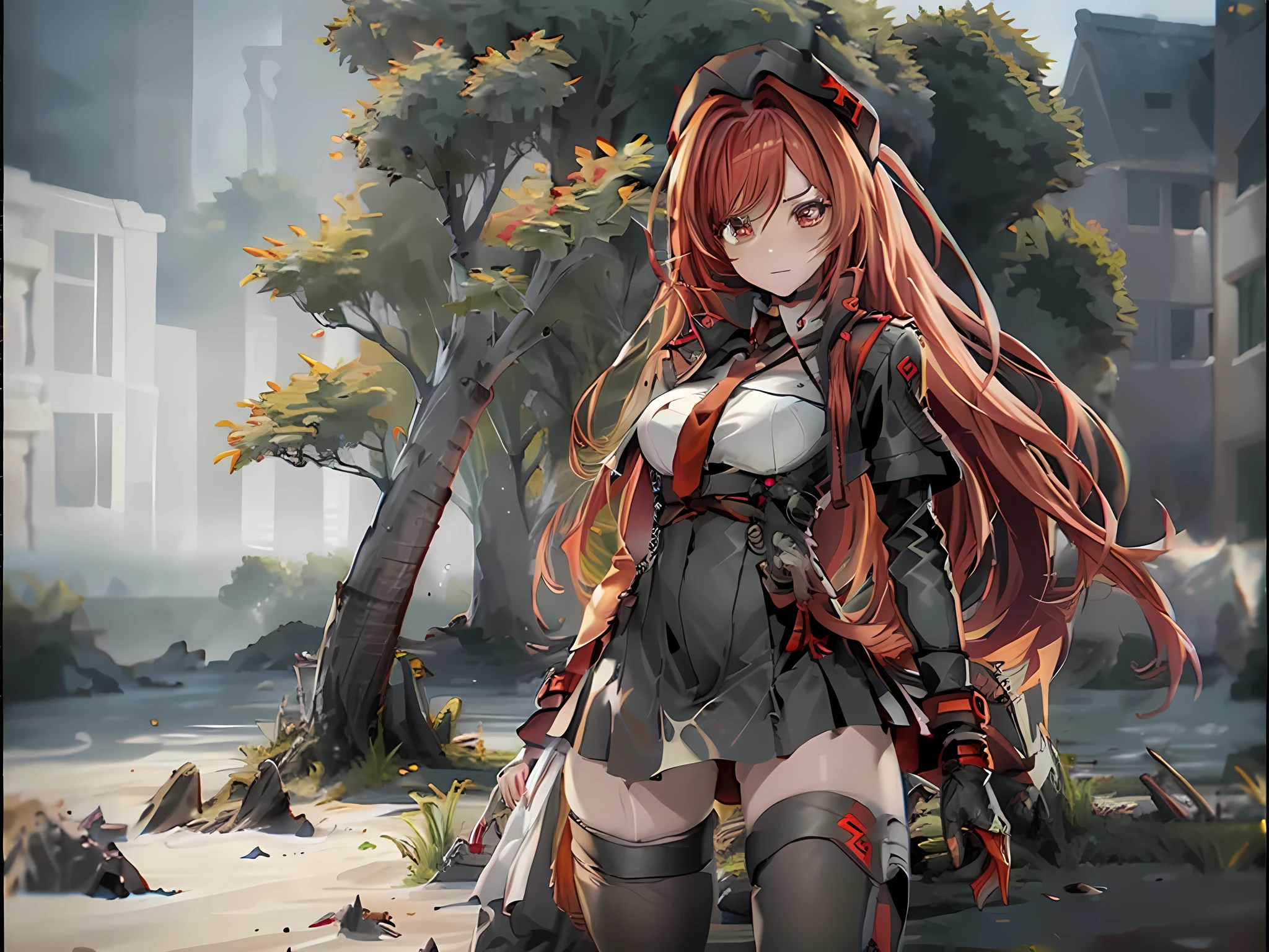 ((Best quality)), ((masterpiece)), (detailed:1.4), 3D, an image of a beautiful cyberpunk female, long burning red hair, burning hair, Red eyes, Black Barret Hat, Red Soldier Shirt, White undercloth, black panty, black skirt, black thick boot, long black kneesock, Grenade belt, Big chest, Big thigh, High thigh black knee sock, full view of girl, battlefield background, black combat boot, red necktie, black glove, black combat suit, black jacket, black cloak, black panty, ammo belt, HDR (High Dynamic Range),Ray Tracing,NVIDIA RTX,Super-Resolution,Unreal 5,Subsurface scattering,PBR Texturing,Post-processing,Anisotropic Filtering,Depth-of-field,Maximum clarity and sharpness,Multi-layered textures,Albedo and Specular maps,Surface shading,Accurate simulation of light-material interaction,Perfect proportions,Octane Render,Two-tone lighting,Wide aperture,Low ISO,White balance,Rule of thirds,8K RAW,