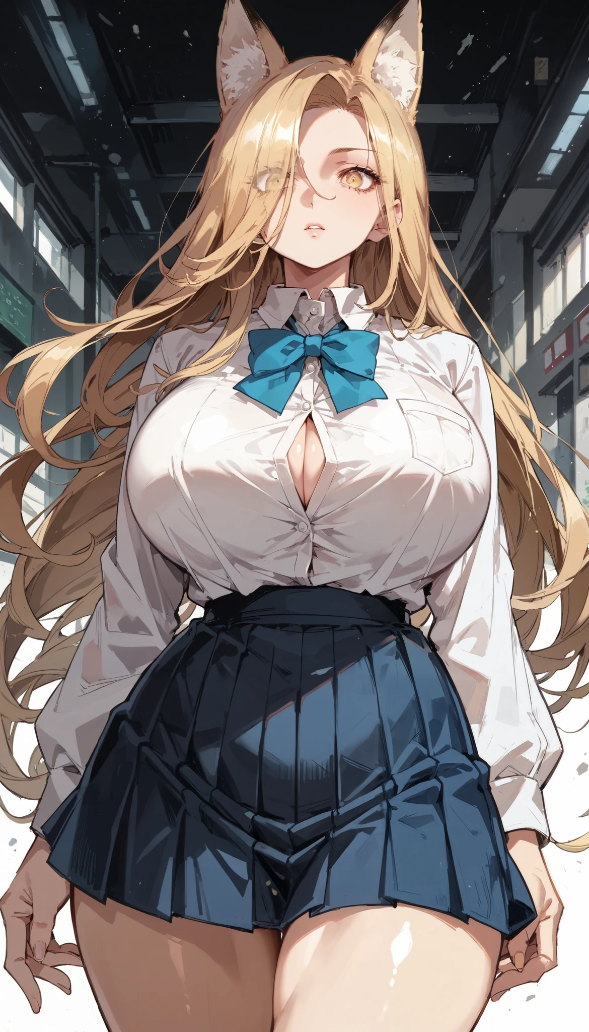 score_9, score_8_up, score_7_up,(hi-quality,high resolution),cowboy shot,(Fox Ears),(oblong face),Clear Eyes,Perfect Eyes,(forehead,long hair over one eye),((side parted hair)),Blonde,Long Hair,Straight Hair,Delinquent Girl,gal,((huge breasts)),((curvy)),(wide hip),school uniform,from front,mini skirt