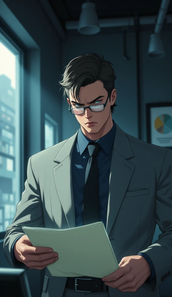 (Anime-style, tense office lighting) {a stern, boss in a gray suit and glasses, looking down at the project folder with a disapproving expression, brow furrowed, then glancing up at the man} (close-up on boss’s face). His eyes convey disappointment, creating a tense atmosphere. (Cool, muted color grading) to highlight the critical tone of the moment. (male focus, young handsome man)
 full body, handsome man