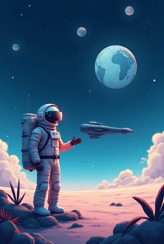 Draw a young astronaut,Sit on a research platform floating in the middle of the asteroid belt,Surrounded by several asteroids that emit fiery rings。Dramatic illuminations from distant stars and planets illuminate the scene,A deep shadow was cast on the spacesuit。The young man looks confident and determined,Look at the vast and mysterious universe with amazement and respect,Add an element of eco-friendliness,green color。