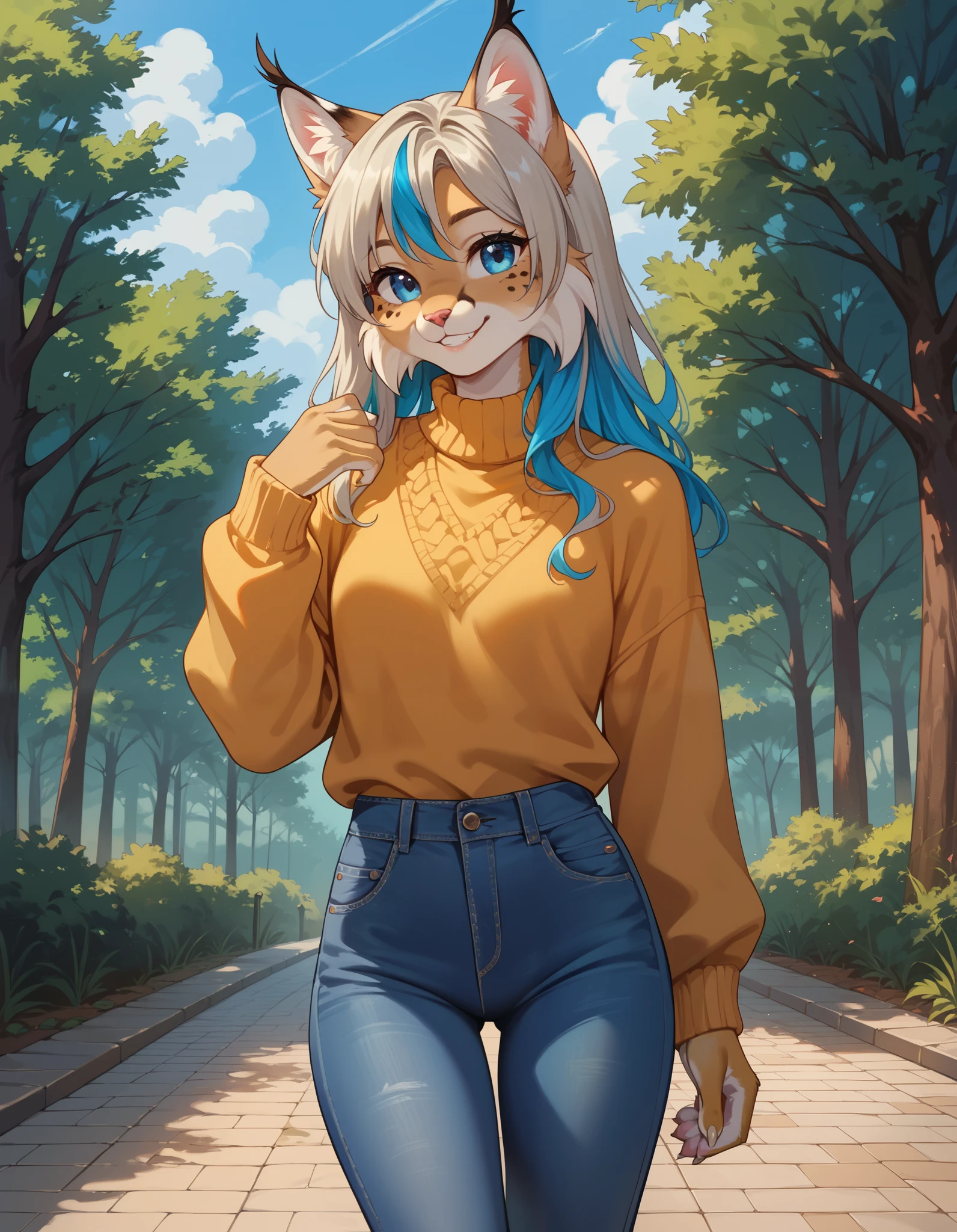 score_9,score_8_up,score_7_up,source_anime, 1girl, solo, digital_media_(artwork) hi_res,, beautiful, anthro, furry, female, furry female, detailed textured fur, fur tufts, lynx, slim, slender, small breasts, cute, sweater, denim jeans, multicolor hair, streaked hair, red blue blonde silver hair, blonde fur, beautiful blue eyes, smile, solo, 