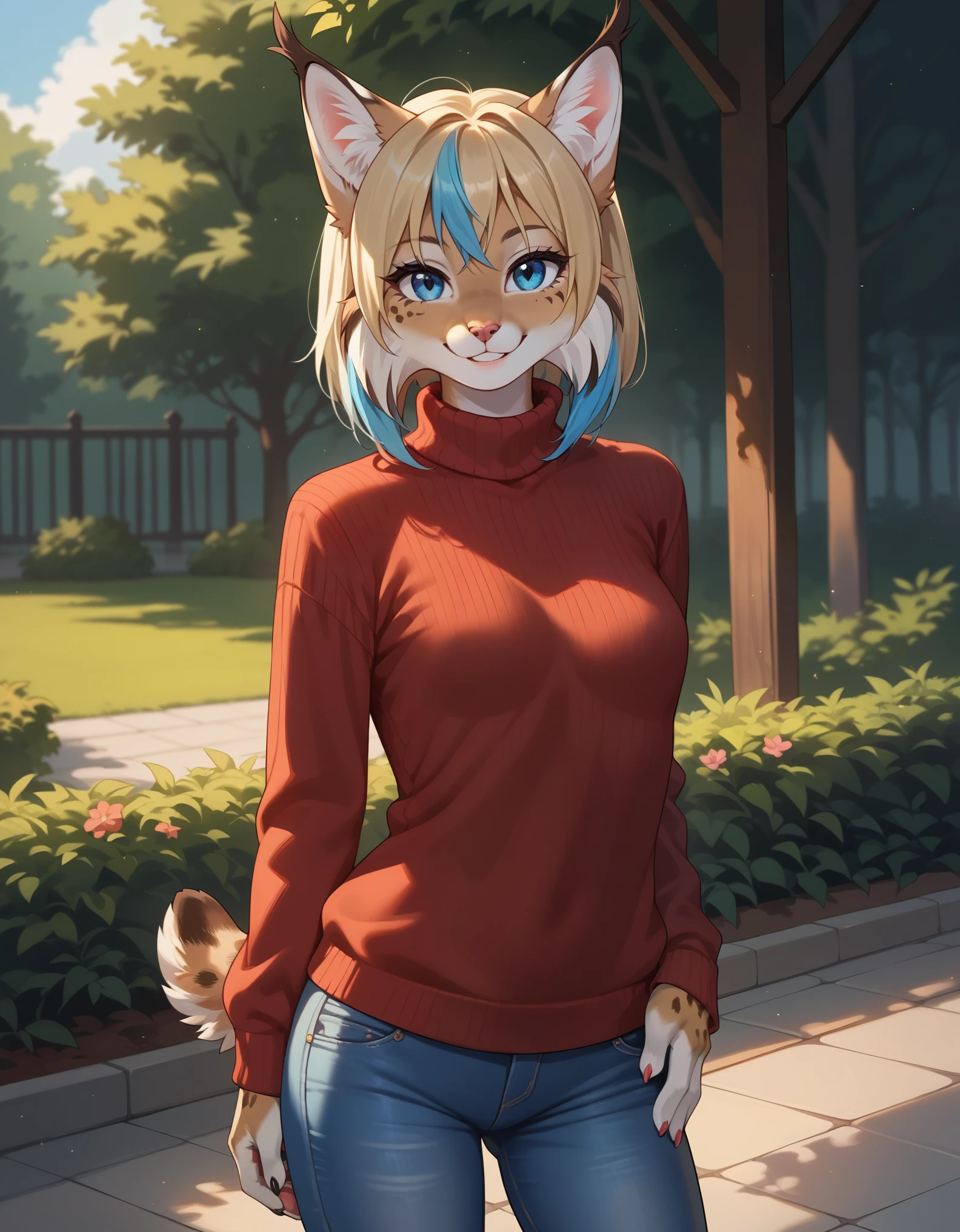 score_9,score_8_up,score_7_up,source_anime, 1girl, solo, digital_media_(artwork) hi_res,, beautiful, anthro, furry, female, furry female, detailed textured fur, fur tufts, lynx, slim, slender, small breasts, cute, sweater, denim jeans, multicolor hair, streaked hair, red blue blonde silver hair, blonde fur, beautiful blue eyes, smile, solo, 