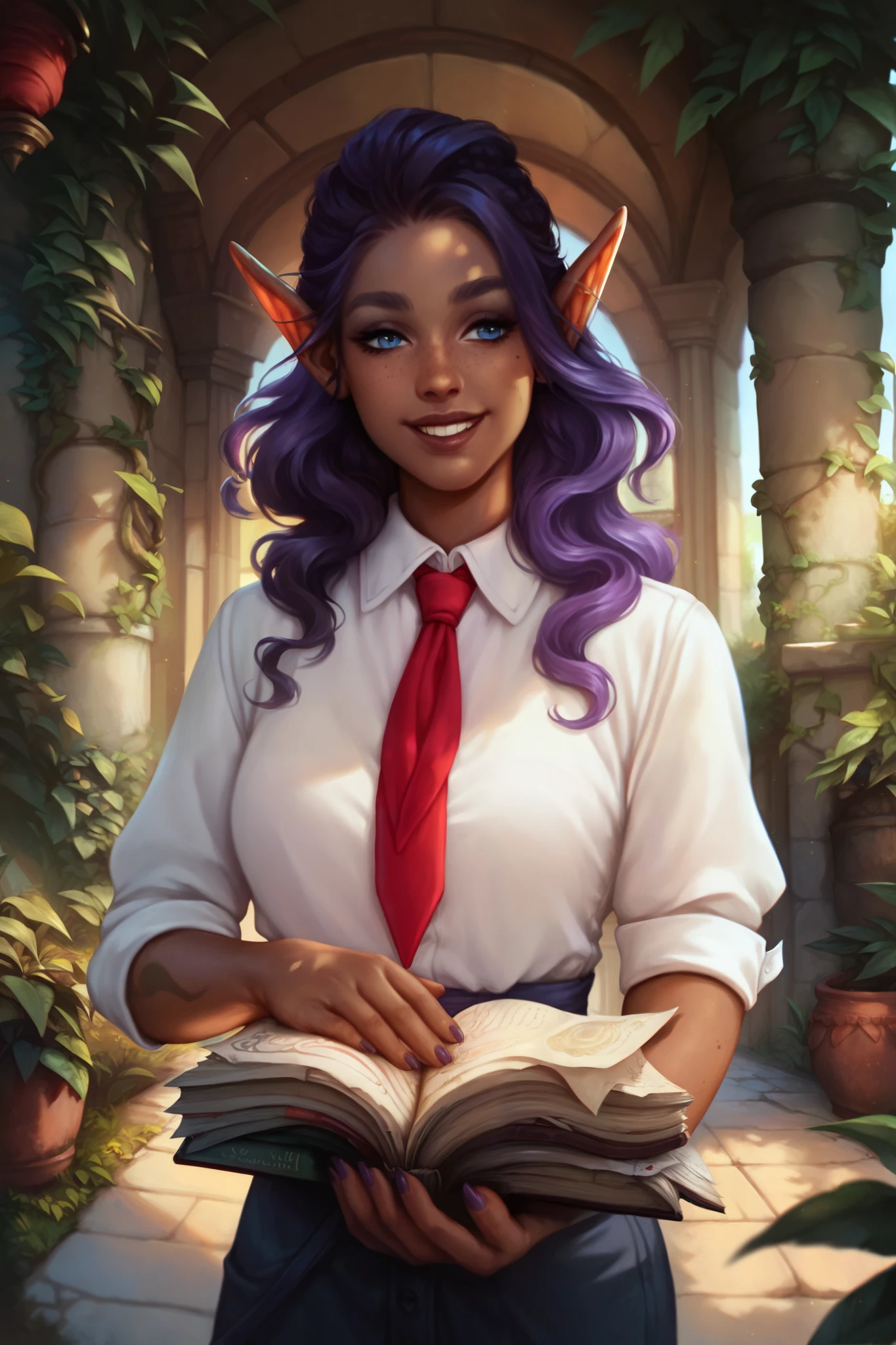 score_9, score_8_up, score_7_up, score_6_up, masterpiece, best quality, 1girl, dark elf, dark blue eyes, dark purple hair, well maintained, dignified, white shirt, red tie, brown skin, pointed ears, wreath, dark purple nails, holding a book, gentle smile, garden background, dappled lighting, leaf shadows, beautiful, lovely, 