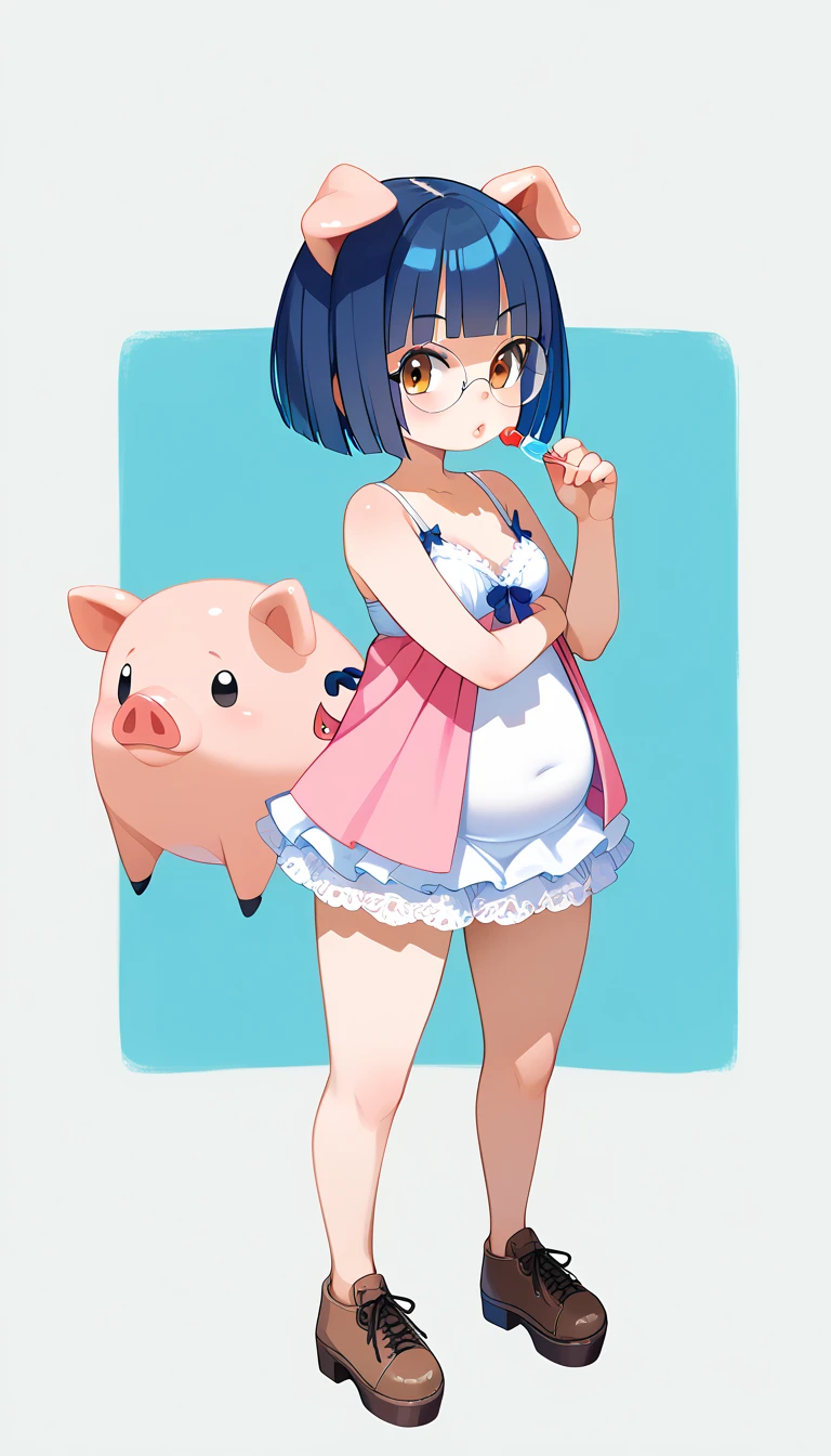 masterpiece, highest_quality, ultra_detailed, grey_background, full_body_shot, 1_woman_focus, woman_is (cute, anime, (pig-kin, pig_ears, pig_tail), dark_blue_hair, hime_cut_bangs, straight_hair, (extra_long_sideburns), short_bob_cut, round_face, small_brown_eyes, glasses, plump_lips, very_small_breasts, heavyset, booty, chubby, laced_white_camisole_dress, no_bra, no_panties, covering_privates):1.5, standing_pose, five_finger