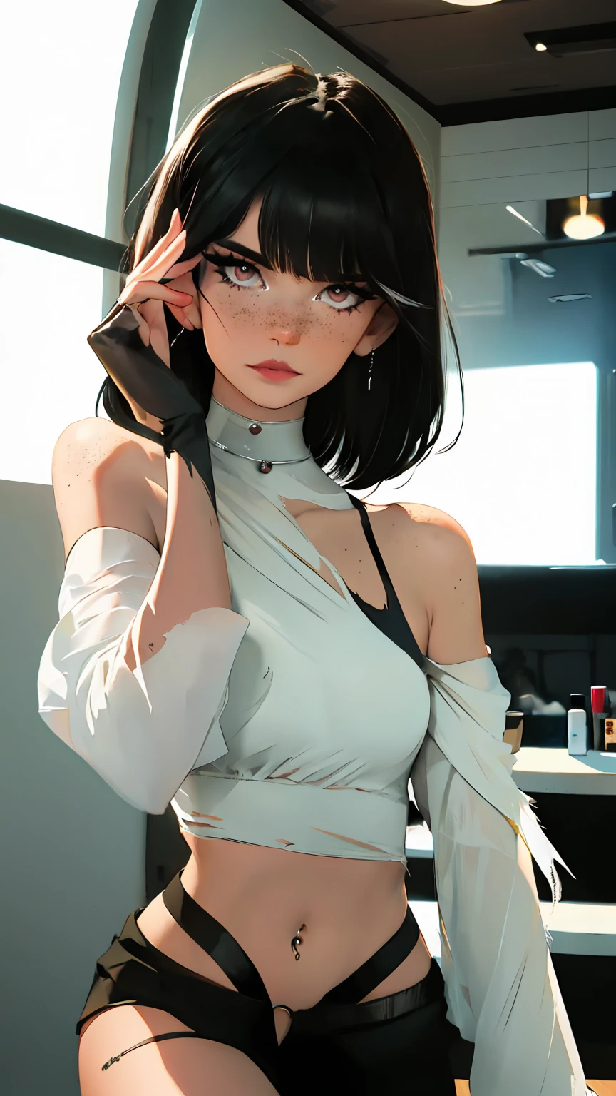 （lifelike， high - resolution：1.3）， 1 girl with a perfect body，slender body, Suprenme face and eyes， blaire ivory, lena anderson, (dark eyelashes, eyeliner), long length  hair, freckles, black hair with dark roots, shoulder length hair, skinny, petite, saloon girl, saloon bartender, long torso, abdomen, torn pantyhose under short shorts, (covered in tattoos, septum piercing), gray eyes