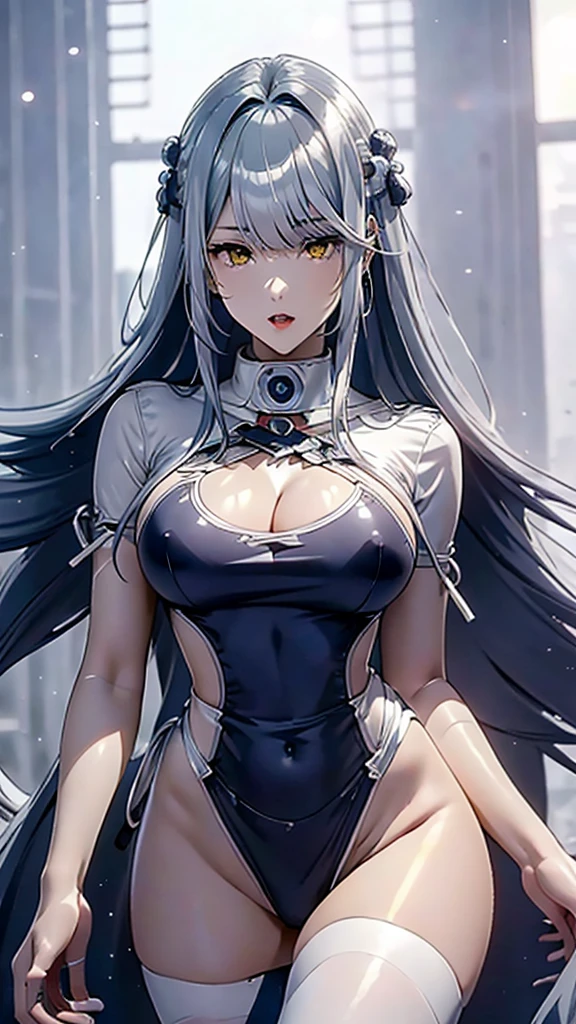 A masterpiece of the highest order, ultra high precision, ultra high image quality, 8K quality, realistic anime style, a woman, a perfect woman with the best anatomical and ergonomic face and body, a well-proportioned face and body, ((( medium hair))), (((shiny Silver blue hair))), (((very long bangs:1.2))), a slim face, ((narrow light Yellow eyes)), deep glossy and shining eyes, eyes with highlights, very long eyelashes, thin red lips, a tall and slender body, (very large and heavy breasts:1.4), a tight waist, large hips, white skin, moist and lustrous skin, (((Super sexy special Red see-through costume made of iridescent platinum fabric))), a large pearl necklace, large earrings, thick bangs, a beautiful smile, a mysterious atmosphere, a great presence, ((upper body))
