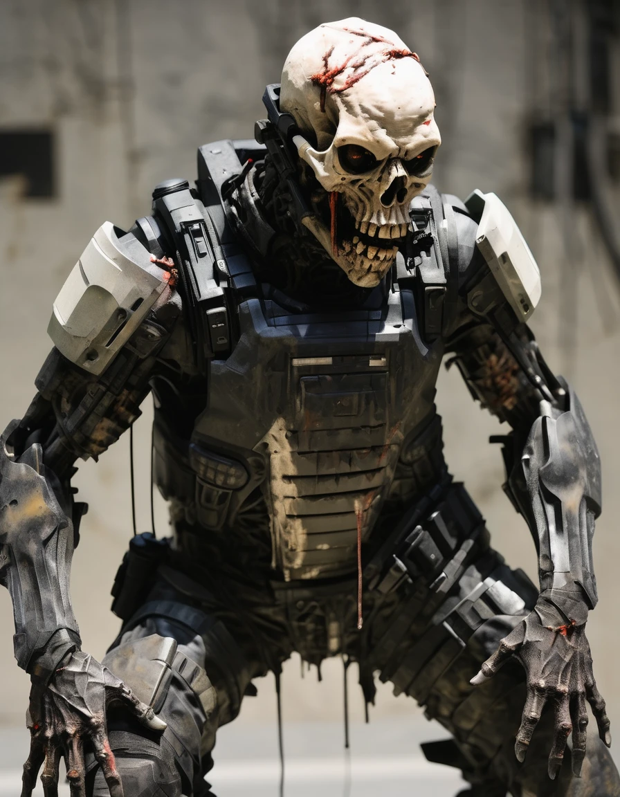 decaying zombie special forces soldier wearing futuristic neoprene body armor
the zombie soldiers face is decomposed and skeletal, his neoprene warskin-bodyarmor shirtsleeves are torn showing his rotting flesh on his arms, hunched leaning forward arms outstretched
ruined torso body armor