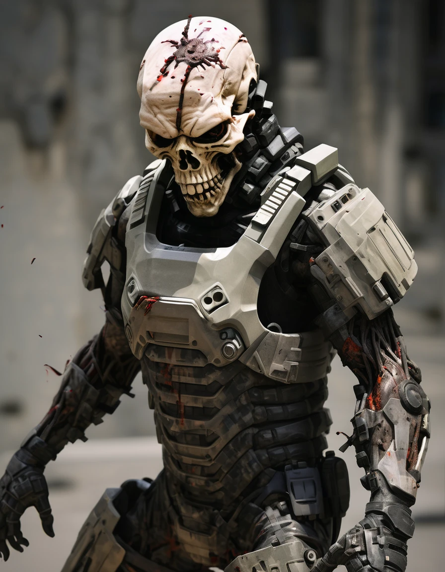 decaying zombie special forces soldier wearing futuristic neoprene body armor
the zombie soldiers face is decomposed and skeletal, his neoprene warskin-bodyarmor shirtsleeves are torn showing his rotting flesh on his arms, hunched leaning forward arms outstretched
ruined torso body armor