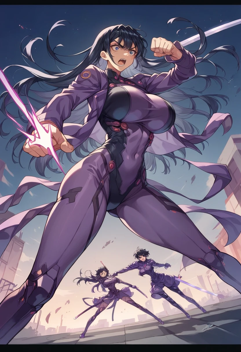 Asagi Igawa,Asagii River、  Long Black Hair、Big Breasts,purple anti-demon suit, Futuristic downtown details at night 、 Overlooking a futuristic city beautifully recreated in every detail、Jump、Night Sky、 I have a sword、 Satu Stance,punching 