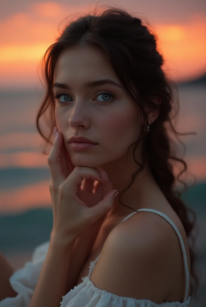 ((best quality)), ((masterpiece)), (detailed), perfect face Cropped out face, A up close selfie photo of a half türkish half french 24 year old white pale skin, auburn hair, model, ultra detailed, dramatic, atmospheric, Masterpiece cinematic, clarity, 16mm, color graded portra 400 film, remarkable color, lip gloss, eyeliner, tattoos, hair follicles, (cellulite), warm sunset on the northern coast of France