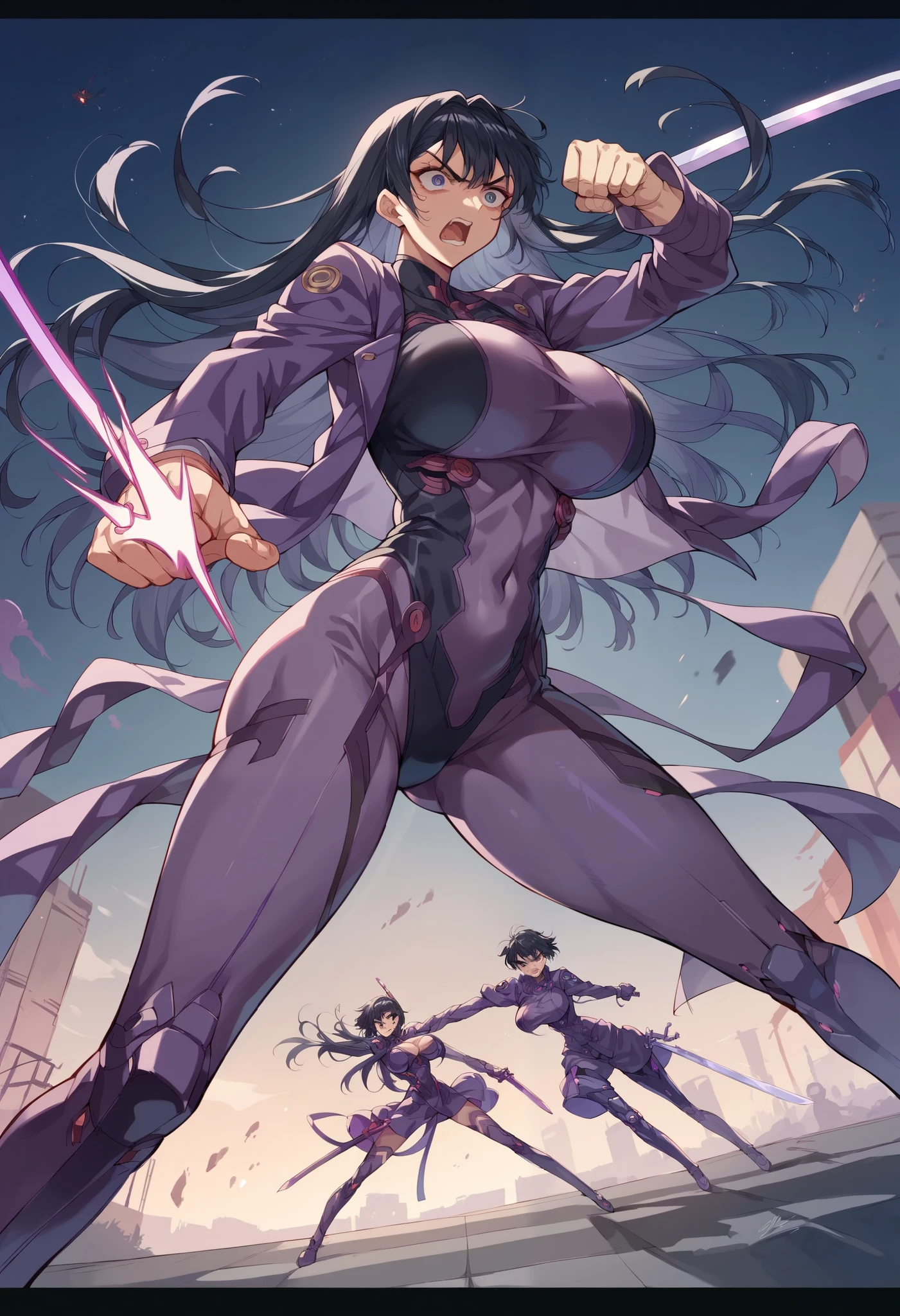 Asagi Igawa,Asagii River、  Long Black Hair、Big Breasts,purple anti-demon suit, Futuristic downtown details at night 、 Overlooking a futuristic city beautifully recreated in every detail、Jump、Night Sky、 I have a sword、 Satu Stance,punching 