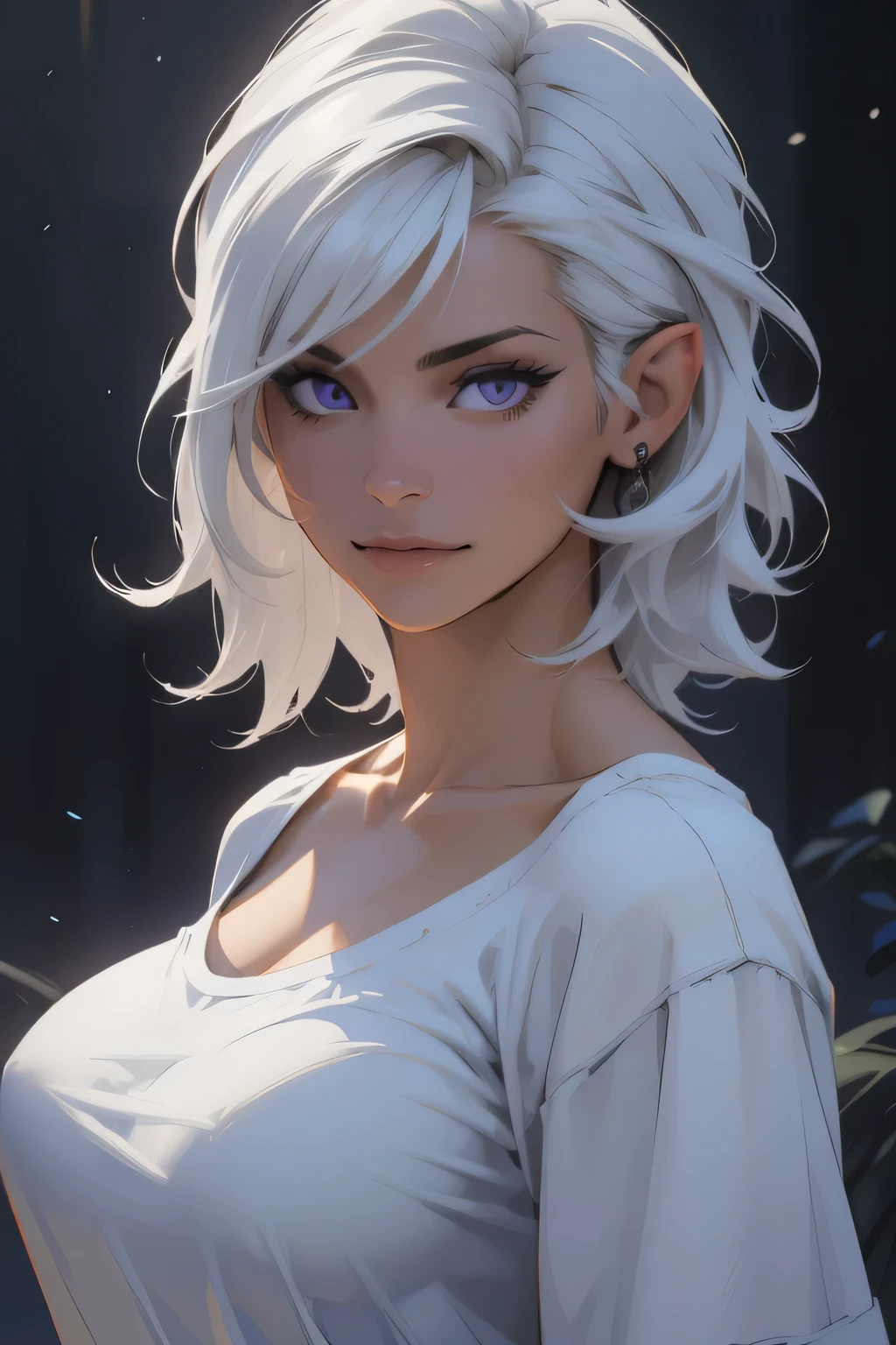 Best quality, masterpiece, ultra high res, (photorealistic:1.5), raw photo, 1girl, offshoulder, in the dark, deep shadow, low key, cold light, sexy look, white hair, short wavy hair, purple eyes, light smile, (large breasts: 1.2), white oversized t-shirt