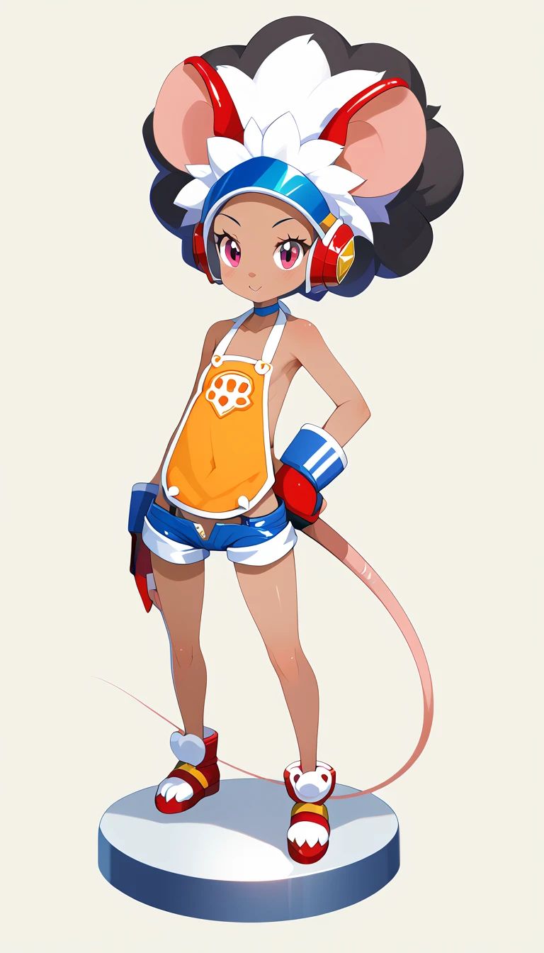 masterpiece, highest_quality, ultra_detailed, grey_background, full_body_shot, 1_girl_focus, girl_is (cute, petite, (mouse-kin, mouse_ears, mouse_tail), red_hair, baby_face, long_sideburns, afro, headgear, earguard, dark_skin:1.5, black_eyes, big_eyes, low_height, flat_chest, thin_body, nude, (diamond_shaped_bib, microshorts):1.5, standing_pose, five_finger