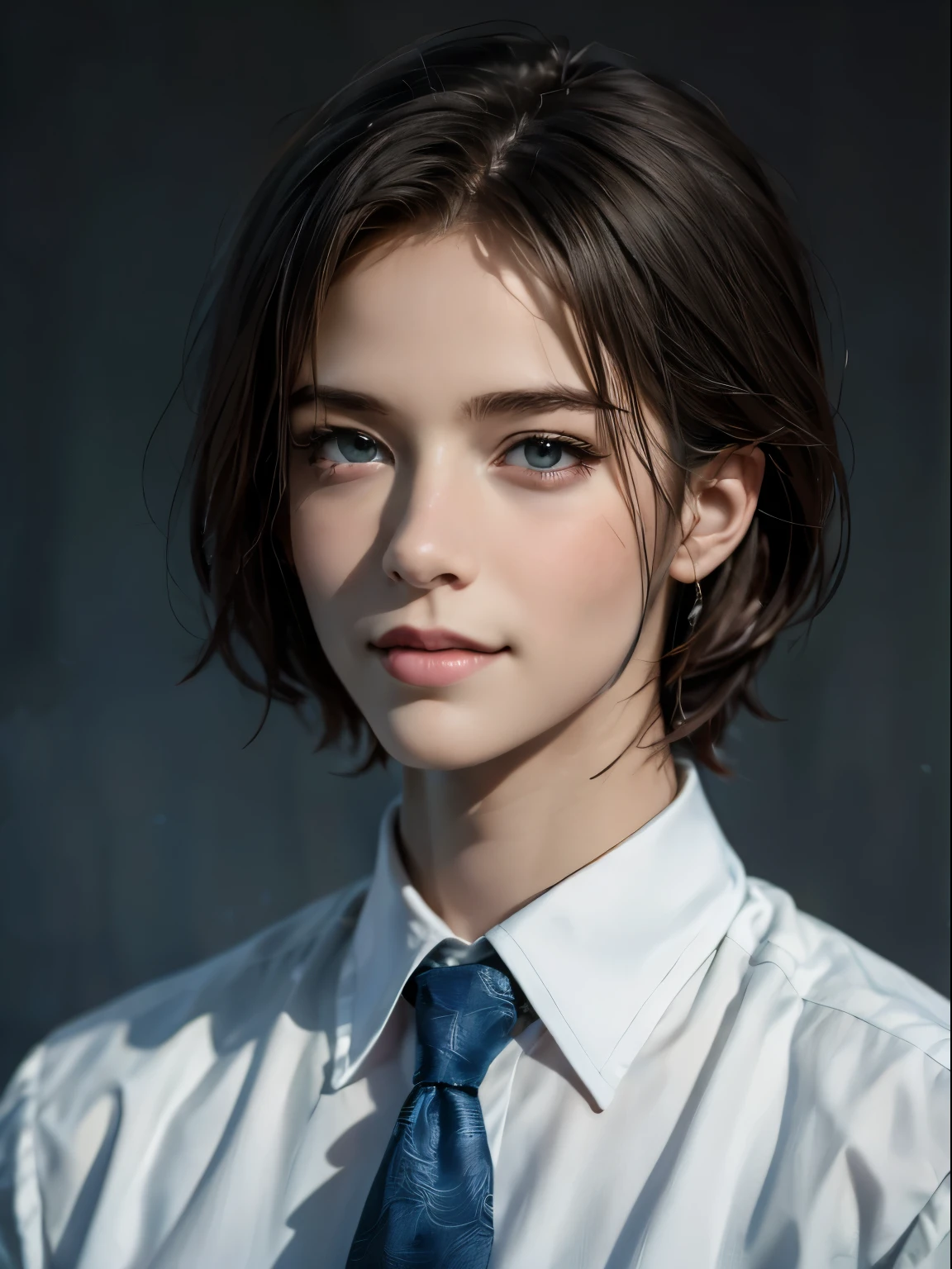 1boy, r old,enaged, Light-brown hair, azure blue big eyes, Solo Focus Teen Facial, white shirt, a handsome, Smiling, Realistic, The dynamic pose is realistic, Detailed and correct facial structure, Leon S. Kennedy, a handsome, Extremely detailed, Dynamic Angle, cowboyshot, The Most Beautiful Shape, elegant, bright colours, romanticism, James Jean, roby dwi antono, by Ross Tran, francis bacon, michal mraz, adrian ghenie, petra cortright, gerhard richter, takato yamamoto, ashley wood, atmospheric