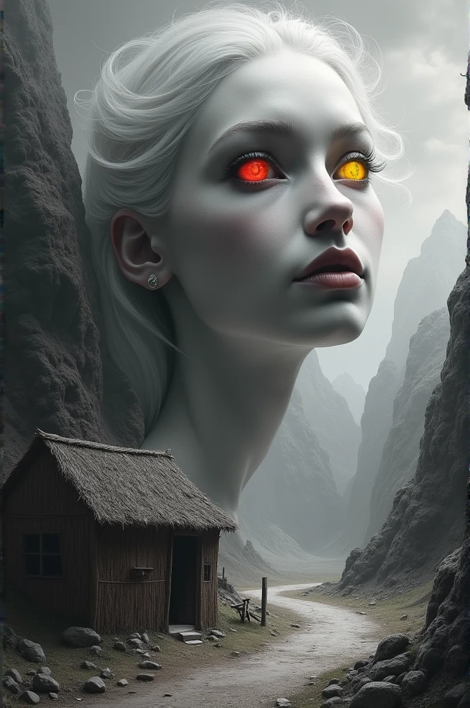 (etheric being, a God: 1.2),a masterpiece close-up, a straw house on a mountain, heterochromia xanthochromia red eyes, chiaroscuro, black and white painting, (best quality,4k,8k,highres,masterpiece:1.5),(on a mountain a straw house:1.2),detailed,photo-realistic,dramatic lighting,cinematic