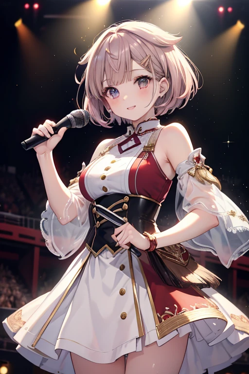 Nene Kasaki々、  shiny maroon hair  ,  short hair, ( Brown Pretty Eyes 、 Sparkling Eyes, fine grain)、smile、  ultra-detailed eyes  、  highly detailed face-holding 1 ,  very detailed eyes,Only one woman,(  greatest masterpiece highest quality  :1.2) 、 Cowboy Shooting、 nsfw, Idol girls singing on stage . Idol's white costume  .  microphone .  short hair、  full audience