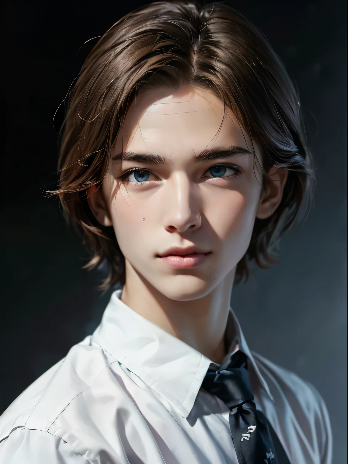 1 boy, r old,enaged, Light-brown hair, azure blue big eyes, Solo Focus Facial Treatment for Teens, e shirt, a handsome, Smiling, Realistic, The dynamic pose is realistic, Detailed and correct facial structure, Leon S. Kennedy, a handsome, Extremely detailed, Dynamic Angle, cowboyshot, The Most Beautiful Shape, elegant, bright colours, romanticism, James Jean, roby dwi antono, by Ross Tran, francis bacon, michal mraz, adrian ghenie, petra cortright, gerhard richter, takato yamamoto, ashley wood, atmospheric