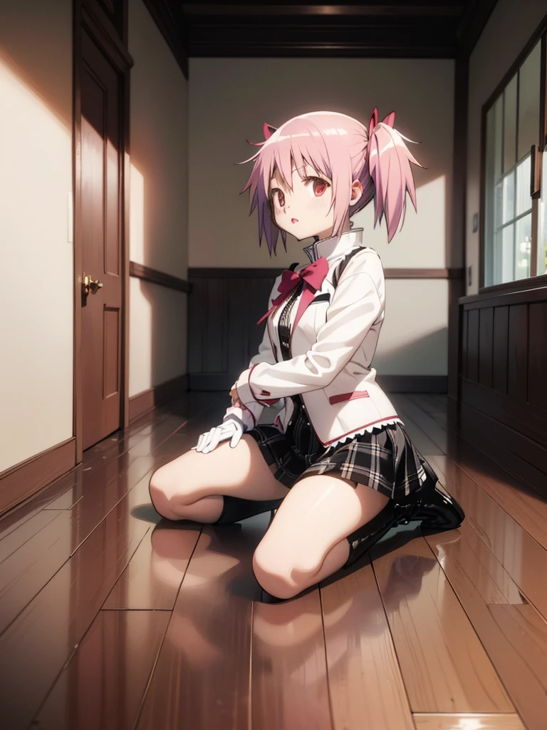 Line art,Monochrome,Kaname Madoka ,Gothic Woman,  white skin,  pink hair, Red lips,  wearing a gothic uniform 、 wearing a short skirt ,  jacket,  white gloves,  have ,   black thigh high socks  ,  Black Combat Boots ,  sitting in a plush armchair . ,  Kneeling in front 、 holding a cigarette in your hand and spitting saliva on the ground It's there.
 under her boots , Black Hair, thin, Ribs are prominent,  Skin ,  wearing ripped pants and a dirty shirt , Lying face down,  and putting out the dirt on the floor with your tongue . 
Background,   elegant room with gray walls  ,  there's a fireplace in the corner , Decorative painting.