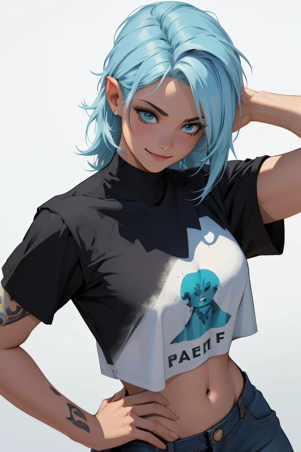 score_9, score_8_up, score_7_up, score_6_up, 1girl, Laura, LauraRH, shoulders length hair, straight hair, platinum hair, (blue) gradient hair, dark eyes, cute face, meduum breasts, curvy, large hips, pale skin, (cyan) t-shirt, denim lants, posing, pinup pose, white background, aesthetic, high angle view, standing up, face closeup, little wrist tattoo, dutch angle, smiling