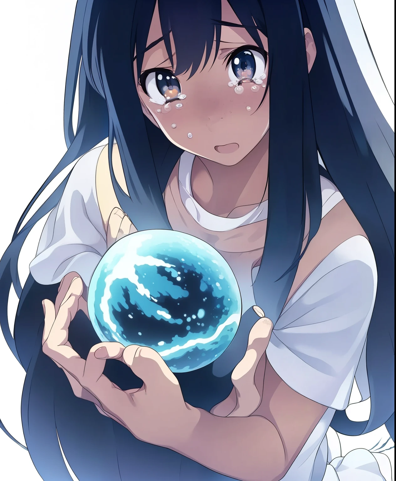 (masterpiece、Best Quality、Best Quality、 OFFICIAL ART、美しくbeautiful:1.2)、(One person:1.3),Beautiful breasts,((masterpiece)), (Anime:1.3), ((Best Quality)), (Abstract art:1.5), ( high definition), (Light color), wide shot, (fractional structure :1.5), ( white simple background:1.6), landscape, (beautiful), ( biological atomosphere), deep sea, (cute girl), ( hollow eyes), beautiful白い髪, ( is crying), ((Eyes drop)),