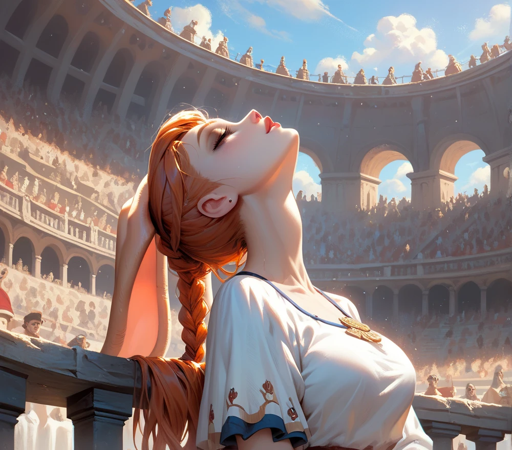 score_9, score_8_up, score_7_up, score_6_up, cream the rabbit, solo, With feet placed together and arms wide open, she tilts her head back, soaking in the imaginary rays, embodying joy and freedom, medieval colosseum, sandstorm , ancient rome , Roman arena,
