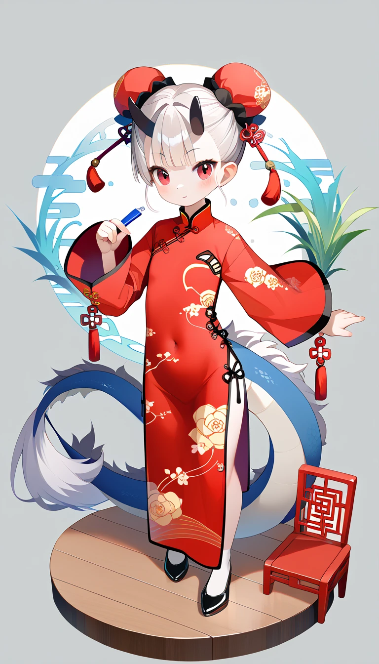 masterpiece, highest_quality, ultra_detailed, grey_background, full_body_shot, 1_girl_focus, girl is (chinese_young_girl, 16_years_old, pale_skin, (black_eyes, black_chinese_bun_hair, eastern_dragon_horns, eastern_dragon_tail), slender, cheongsam):1.5, standing_pose, five_finger