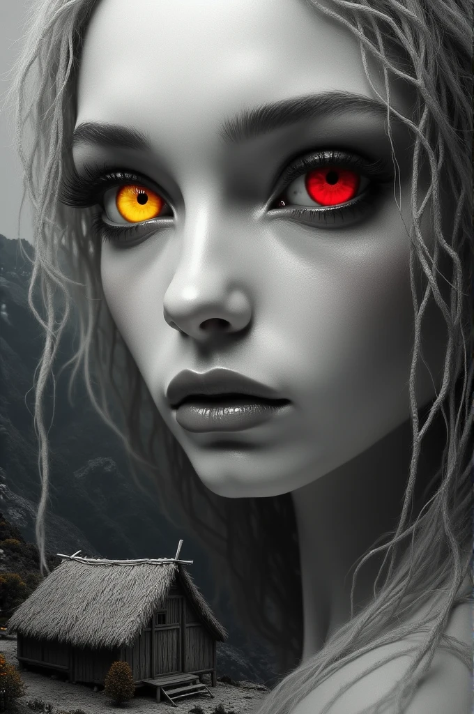 (etheric being, a God: 1.2),a masterpiece close-up, a straw house on a mountain, heterochromia xanthochromia red eyes, chiaroscuro, black and white painting, (best quality,4k,8k,highres,masterpiece:1.5),(on a mountain a straw house:1.2),detailed,photo-realistic,dramatic lighting,cinematic