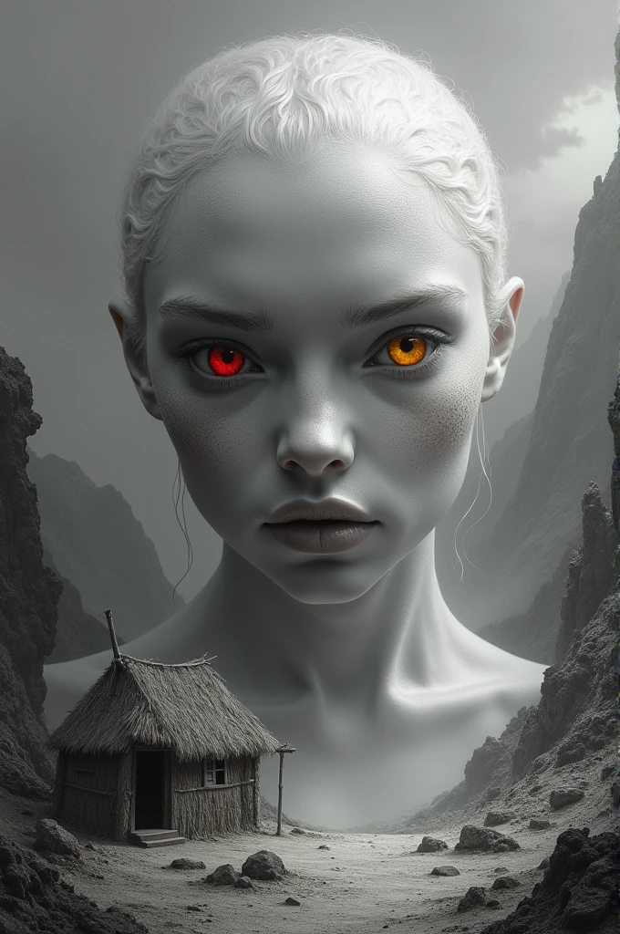 (etheric being, a God: 1.2),a masterpiece close-up, a straw house on a mountain, heterochromia xanthochromia red eyes, chiaroscuro, black and white painting, (best quality,4k,8k,highres,masterpiece:1.5),(on a mountain a straw house:1.2),detailed,photo-realistic,dramatic lighting,cinematic