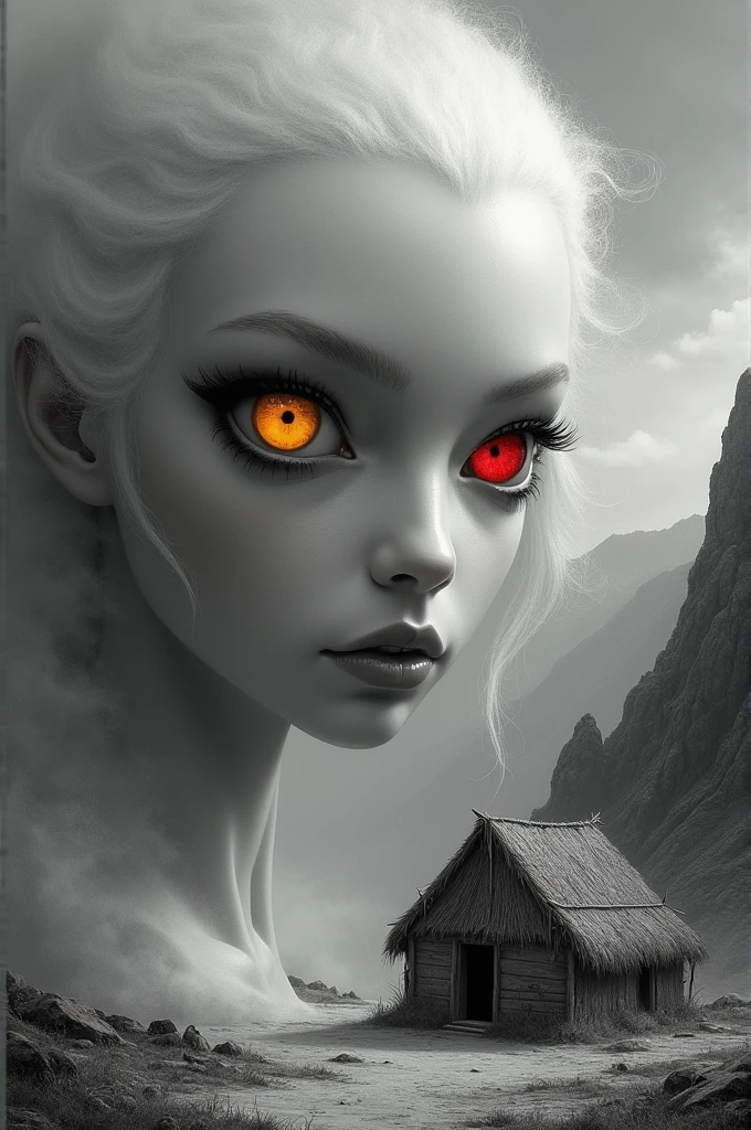 (etheric being, a God: 1.2),a masterpiece close-up, a straw house on a mountain, heterochromia xanthochromia red eyes, chiaroscuro, black and white painting, (best quality,4k,8k,highres,masterpiece:1.5),(on a mountain a straw house:1.2),detailed,photo-realistic,dramatic lighting,cinematic