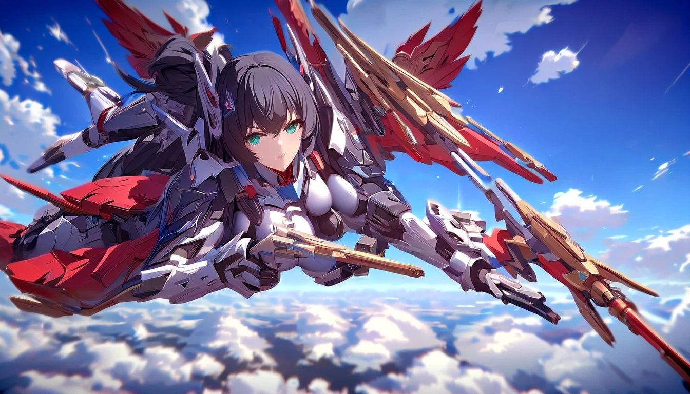 girl masterpiece, best quality, high resolution, best detailed, HDR, 4k, 8k, black hair, very long hair, detailed face, beautiful shape, anthropomorphism, mobile suit gundam, green eyes, blue and white armor, mechanical gloves, mechanical long boots, mechanical wings, smiling, holding a rifle, flying into the sky, beam effect, 