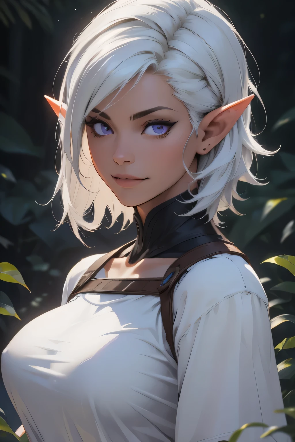 Best quality, masterpiece, ultra high res, (photorealistic:1.5), raw photo, 1girl, offshoulder, in the dark, deep shadow, low key, cold light, sexy look, white hair, short wavy hair, purple eyes, light smile, (large breasts: 1.2), white oversized t-shirt, elf girl, elf ears