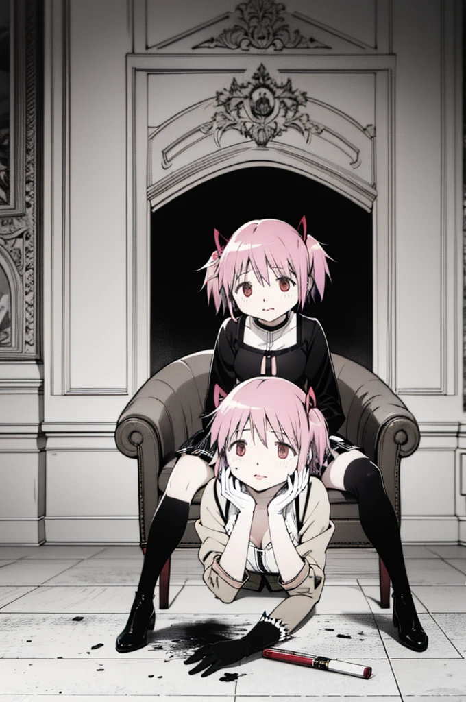 Line art,Monochrome,Kaname Madoka ,Gothic Woman,  white skin,  pink hair, Red lips,  wearing a gothic uniform 、 wearing a short skirt ,  jacket,  white gloves,  have ,   black thigh high socks  ,  Black Combat Boots ,  sitting in a plush armchair . ,  Kneeling in front 、 holding a cigarette in your hand and spitting saliva on the ground It's there.break,
 under her boots , Black Hair, thin, Ribs are prominent,  Skin ,  wearing ripped pants and a dirty shirt , Lying face down,  and putting out the dirt on the floor with your tongue . 
Background,   elegant room with gray walls  ,  there's a fireplace in the corner , Decorative painting.