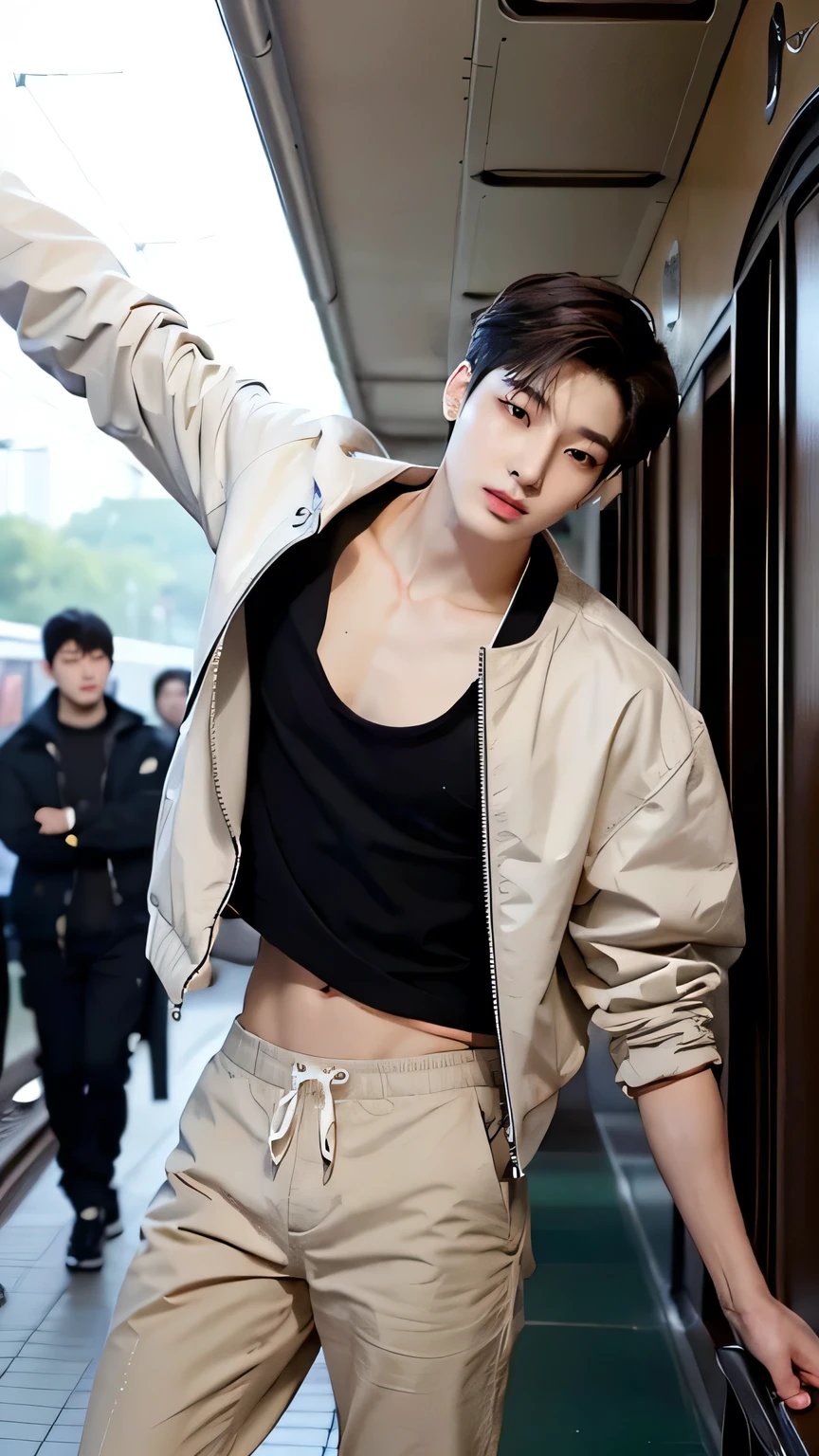 A 17-year-old Korean boy showing his belly posing for photo shoots, fotografia, QG, fundo liso, corpo inteiro, posing for a full-body photo shoot, posing for photo shoot, Jungkook taeyang jimim 1 boy 1 boy 1 homem coreano e masculino