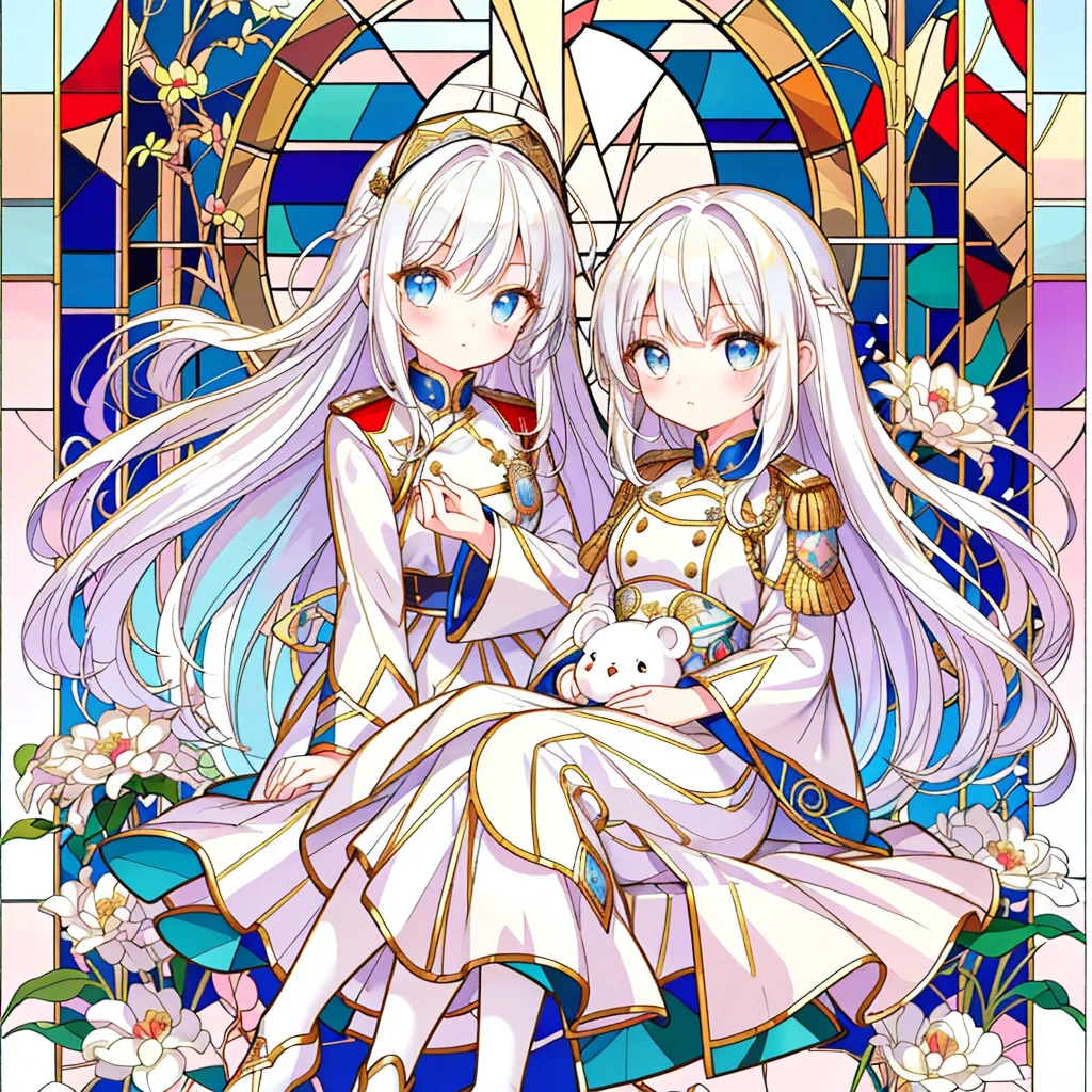 １ girls sitting in a mirror ,Handsome face、、The best composition、Golden Ratio、(Chibi:1.15),Milky white hair color、( Smooth Long Hair :1.2),( colorful and glamorous atmosphere like stained glass :1.25),(Outfits inspired by military uniforms :1.25),（Cute stuffed animal:1.3),