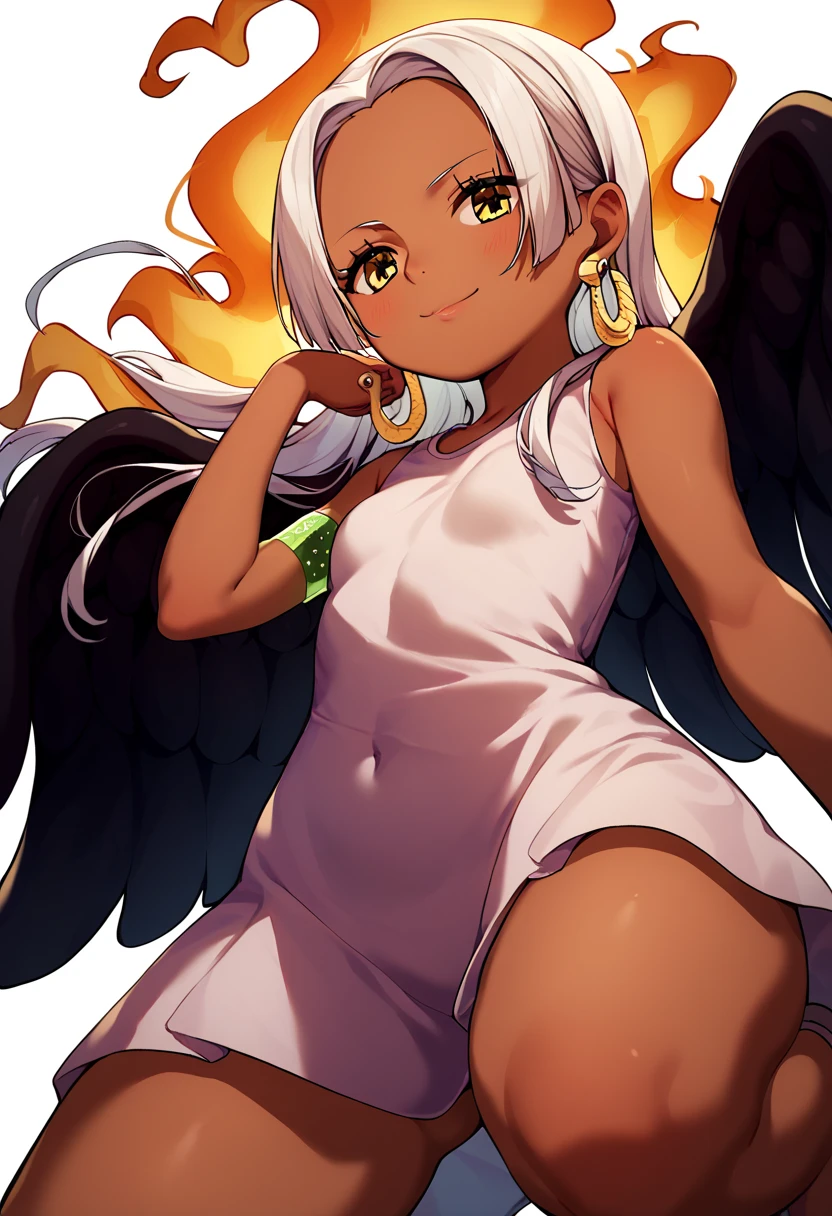 UHD, retina, textured skin, high details, high quality, best quality,  highres icon, 1080P, HD, 16k、1 Girl,Earthsnake , Long Hair, white hair, Brown Skin、,  earrings for a woman alone, Yellow Eyes, symbol-shaped pupils,  black wings  ,  small breasts.  sundress,  white dress,  sleeveless, armlet、 cute、Flames on the back、flat chest、from below、looking down、squatting、 cute、 sexy