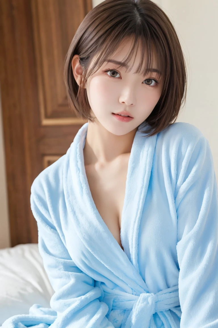 masterpiece, Best Quality,  one woman, ( Light Blue Bathrobe:1.2)、(RAW 写真Best Quality), (reality, reality的:1.4),  sexy、iris、 very detailed eyes and face ,  beautiful and detailed nose, beautiful eyes,  perfect anatomy、 short hair、 cleavage、 shiny skin、 blushes her cheeks、Serious face、 open my lips、 bed、Rear Light 