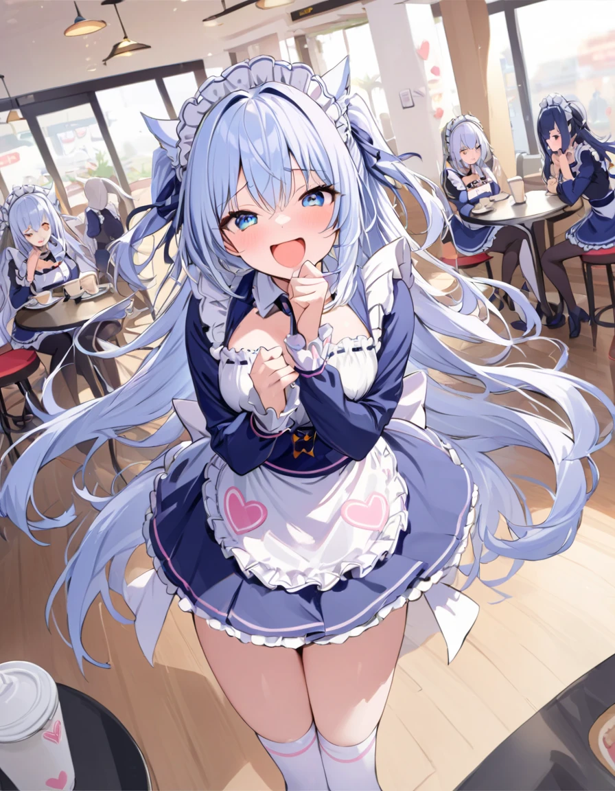 masterpiece,  Top Quality ,,Headdress, Maid cafe,laugh,Close your mouth,Misiro ,whole body, bright navy blue maid costume, super long hair , short two sides up .