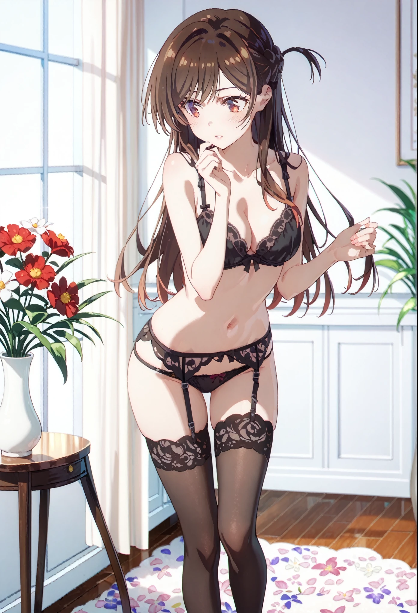 score_9, score_8_up, score_7_up, source_anime,detail animation,1girl,multicoloed flowers,big vase,marble floor ,nude,underwear,,black Bra,black panties,flower stand,underwear only,spacious room,chizuru_mizuhara, long hair, bangs, brown hair, brown eyes, red eyes,medium breasts,black lace garter stockings,black thighhigh,garter belt,navel,leaning forward